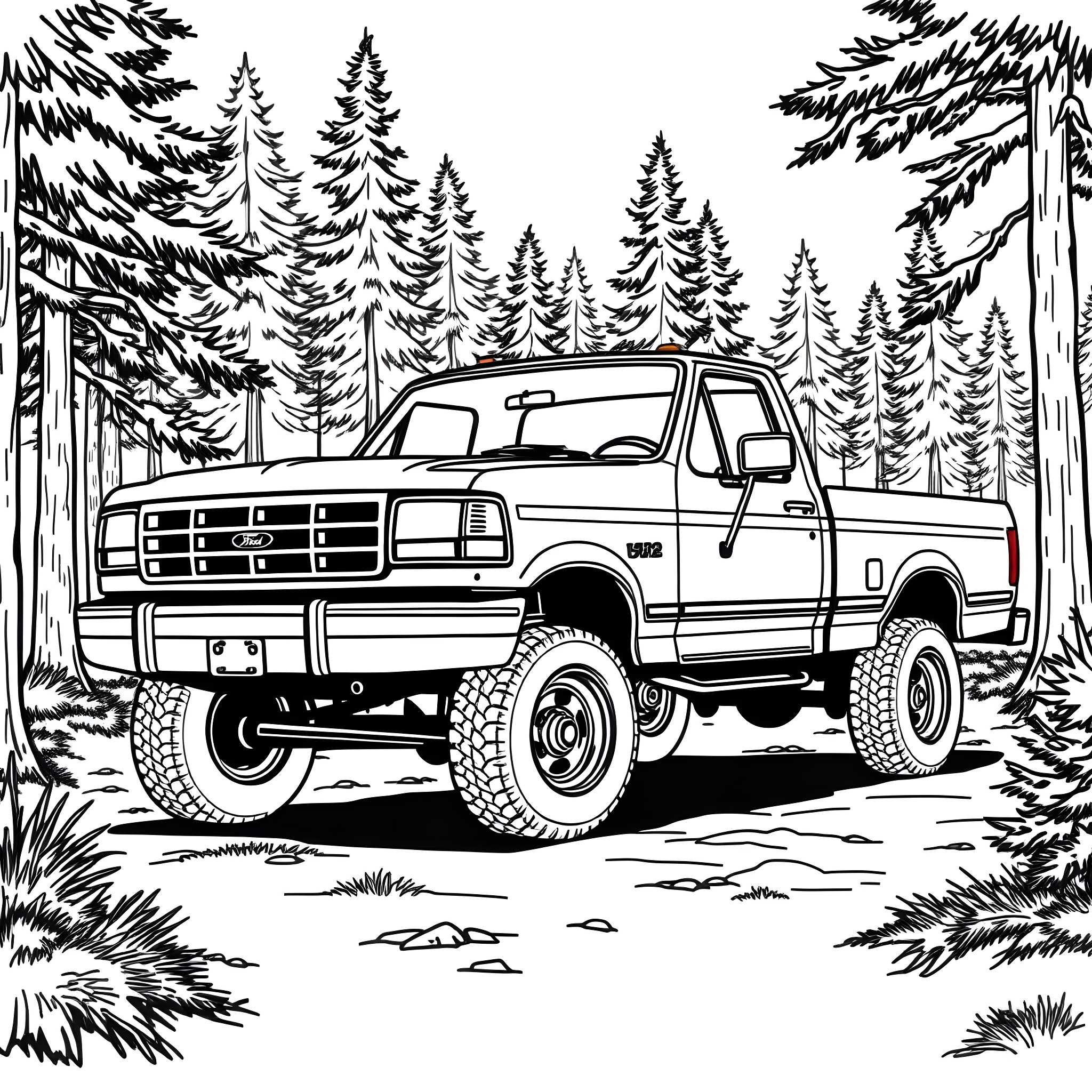 Ford F350 pickup truck in a rugged forest setting Coloring Page (free black-and-white line drawing printable PDF for all, from beginners to advanced learners, including children, teens, adults, and seniors)