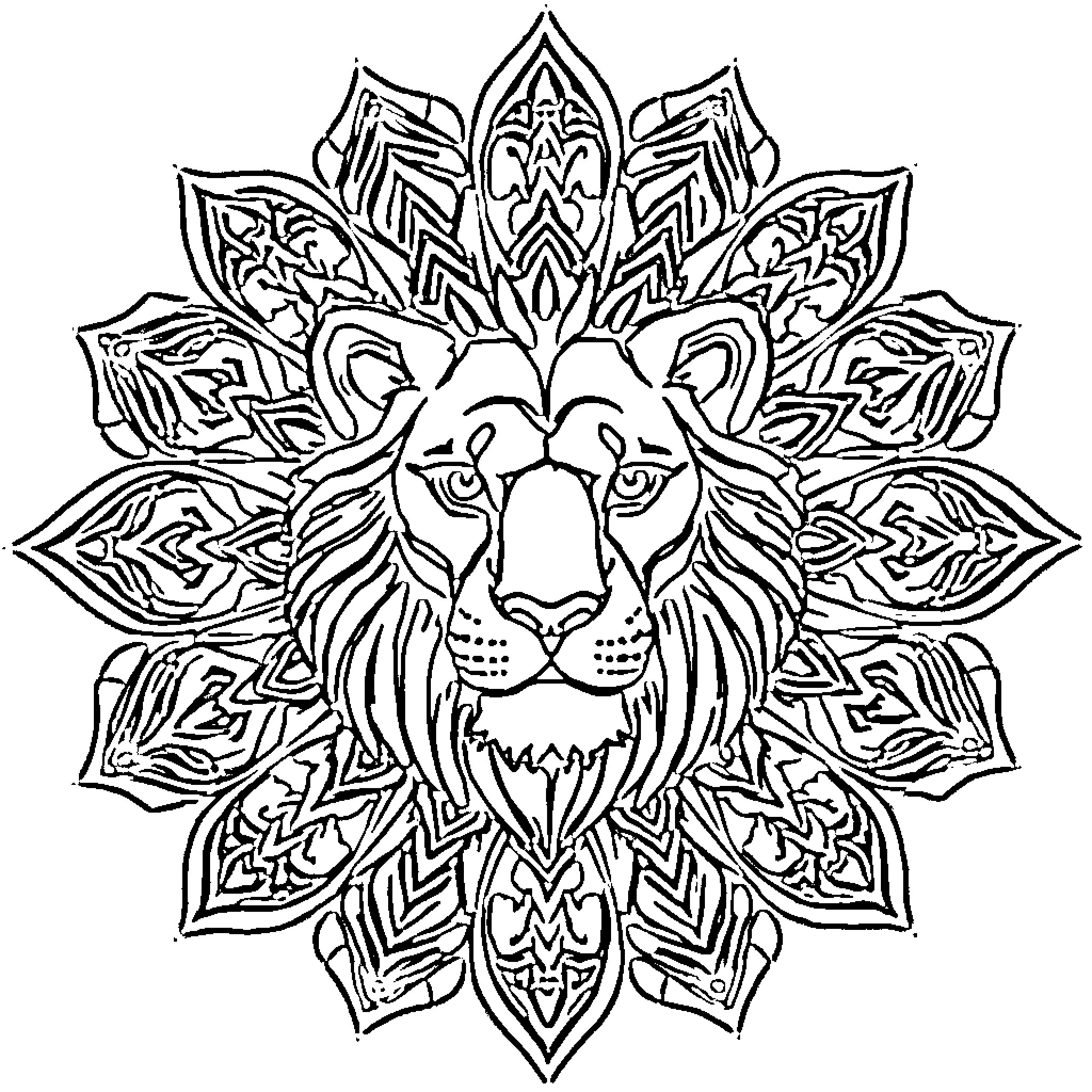 Lion in Ornate Floral Pattern Coloring Page (free black-and-white line drawing printable PDF for all, from beginners to advanced learners, including children, teens, adults, and seniors)