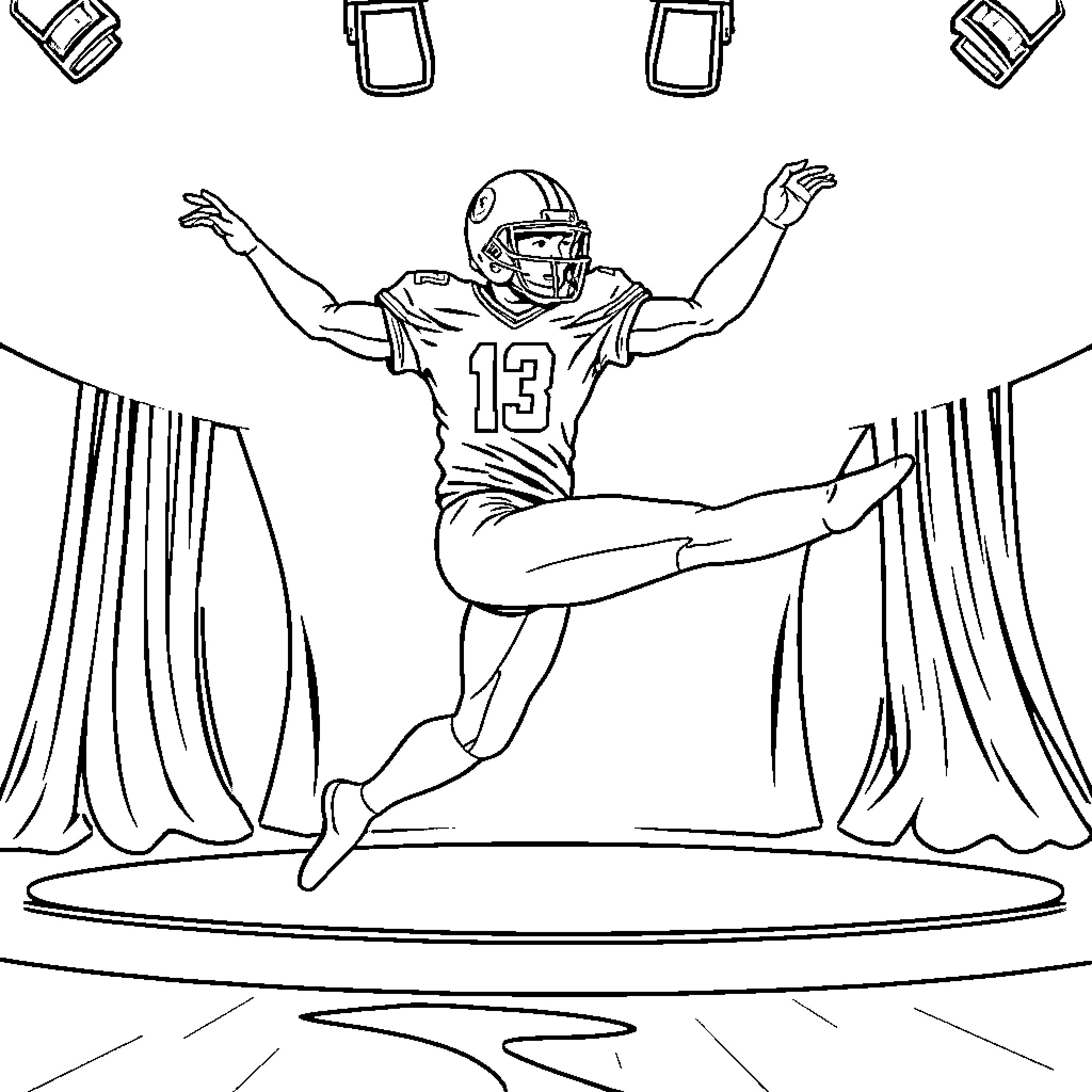 Football Player Celebrating Victory on the Field Coloring Page (free black-and-white line drawing printable PDF for all, from beginners to advanced learners, including children, teens, adults, and seniors)