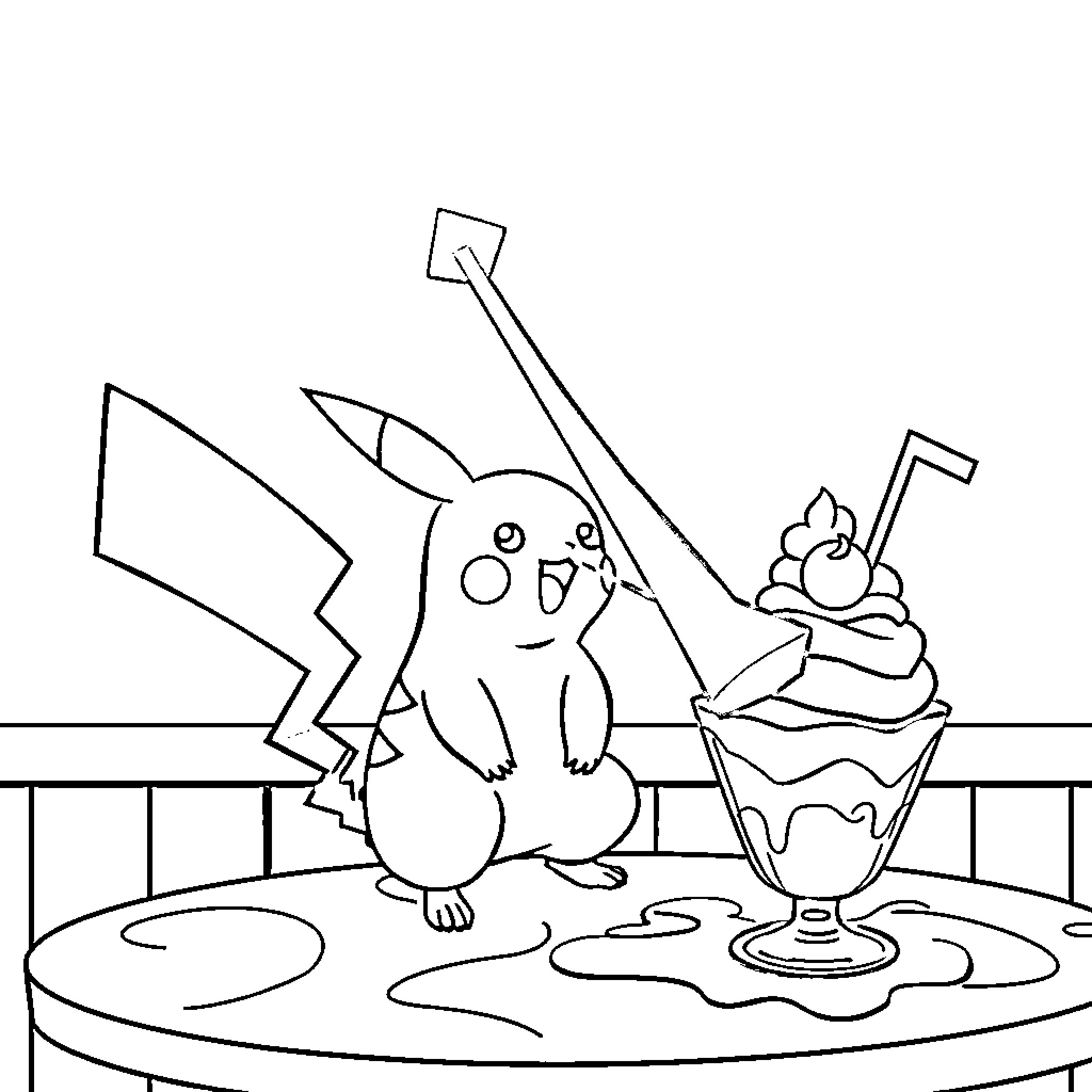 Pikachu enjoying a sweet treat Coloring Page (free black-and-white line drawing printable PDF for all, from beginners to advanced learners, including children, teens, adults, and seniors)