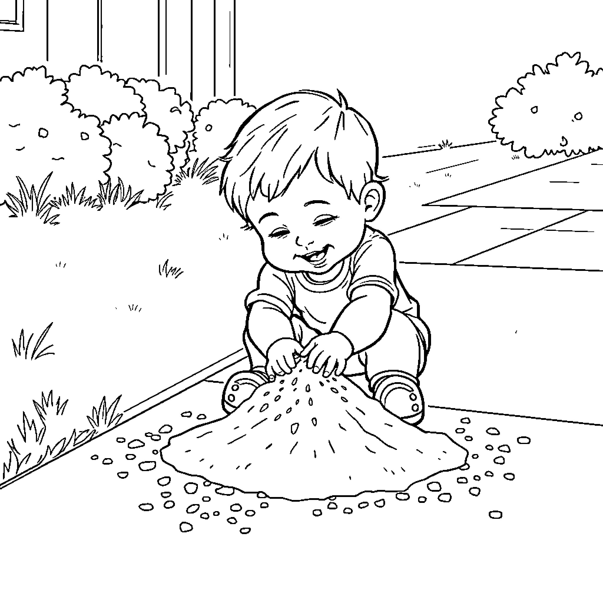Toddler playing joyfully in the garden Coloring Page (free black-and-white line drawing printable PDF for all, from beginners to advanced learners, including children, teens, adults, and seniors)