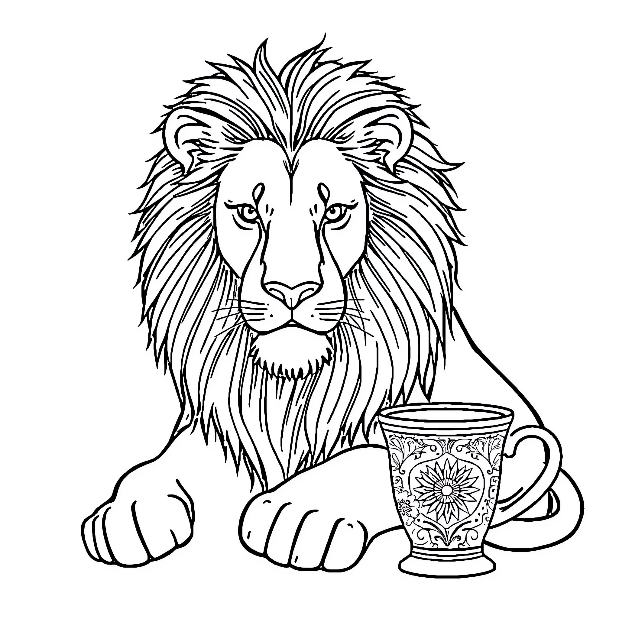 Lion enjoying a cup of tea Coloring Page (free black-and-white line drawing printable PDF for all, from beginners to advanced learners, including children, teens, adults, and seniors)