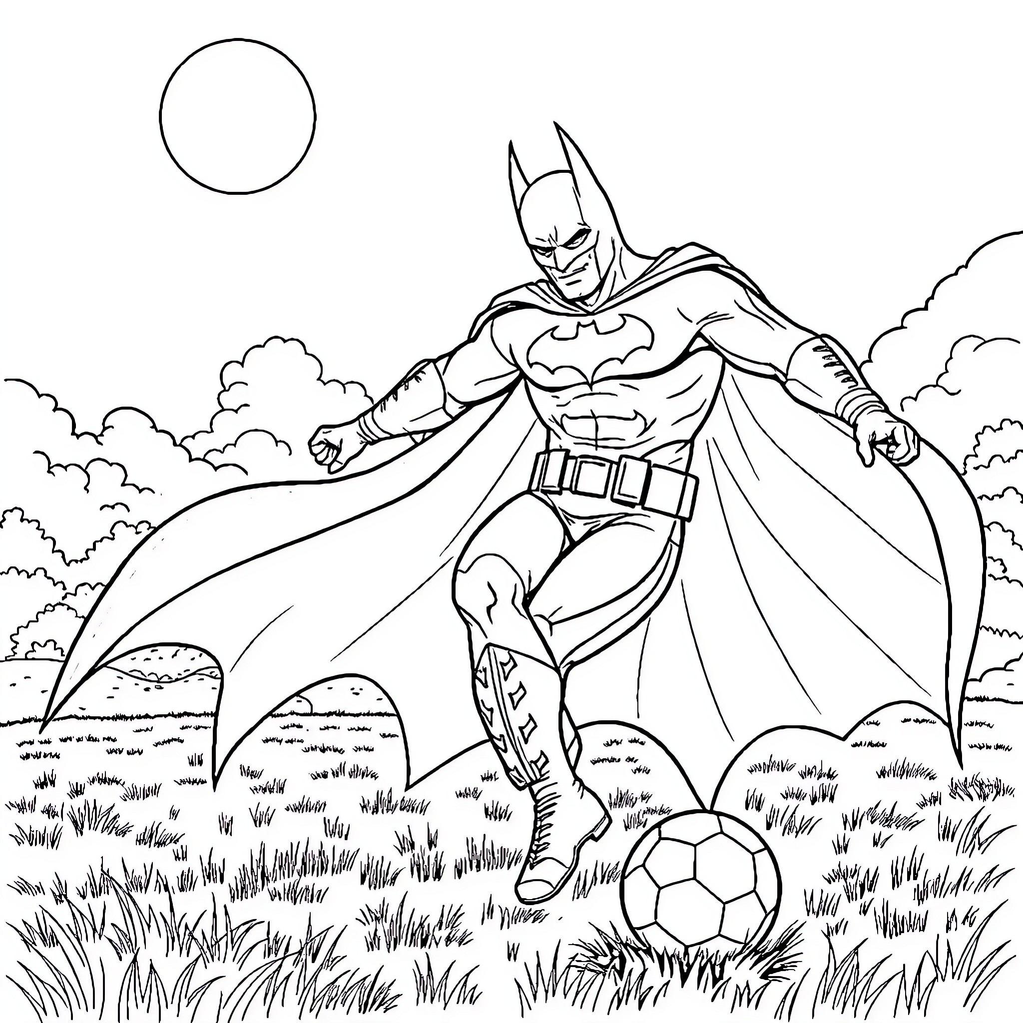 Batman playing with a soccer ball in the park Coloring Page (free black-and-white line drawing printable PDF for all, from beginners to advanced learners, including children, teens, adults, and seniors)