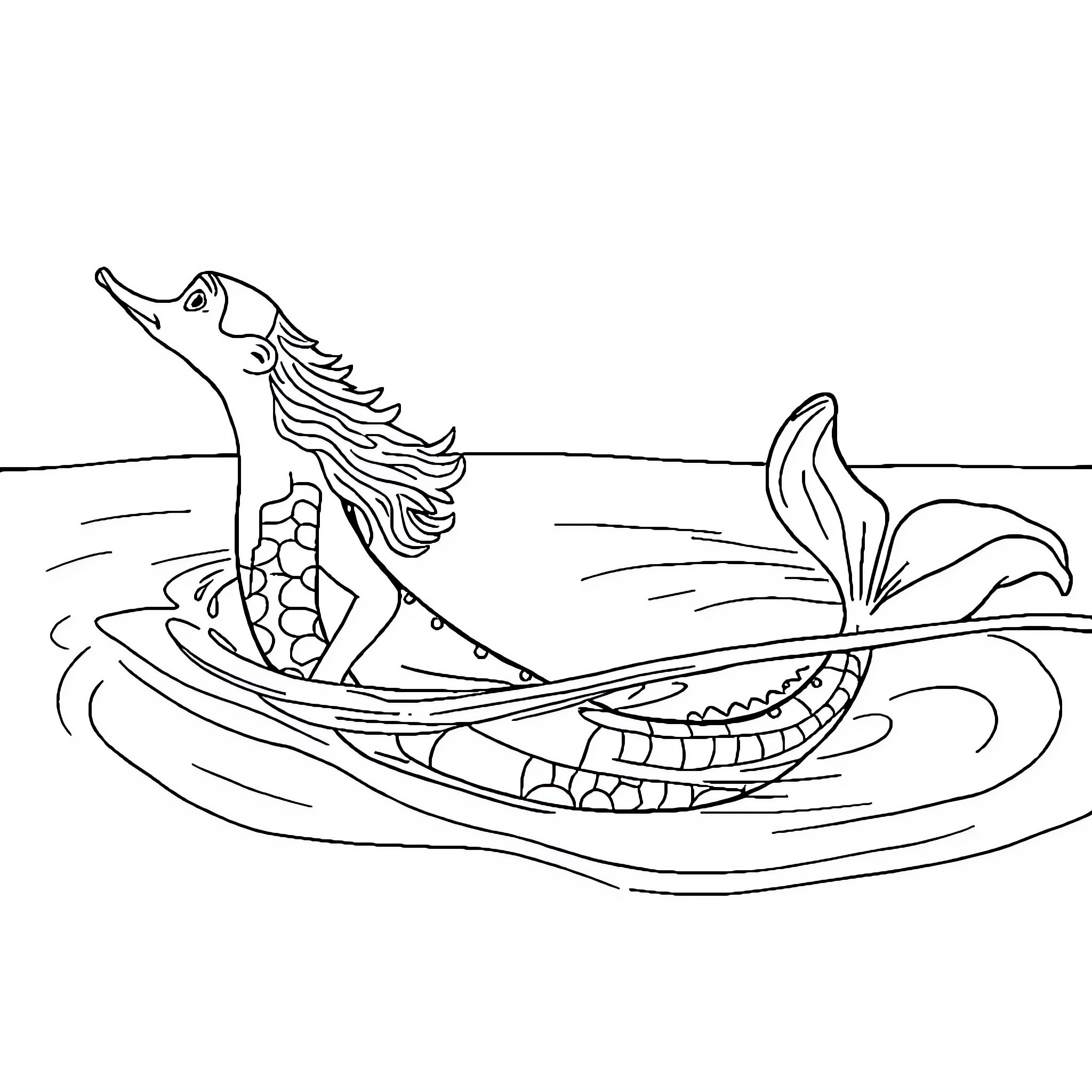 Siren swimming gracefully in the ocean Coloring Page (free black-and-white line drawing printable PDF for all, from beginners to advanced learners, including children, teens, adults, and seniors)