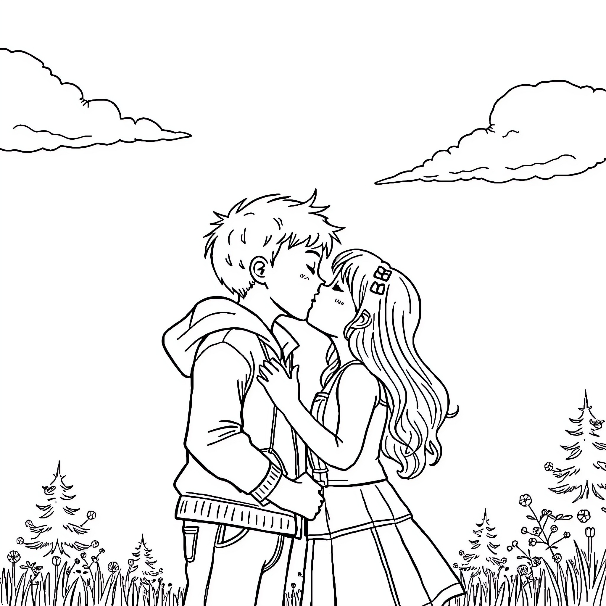 Kiss between loving couple in nature Coloring Page (free black-and-white line drawing printable PDF for all, from beginners to advanced learners, including children, teens, adults, and seniors)