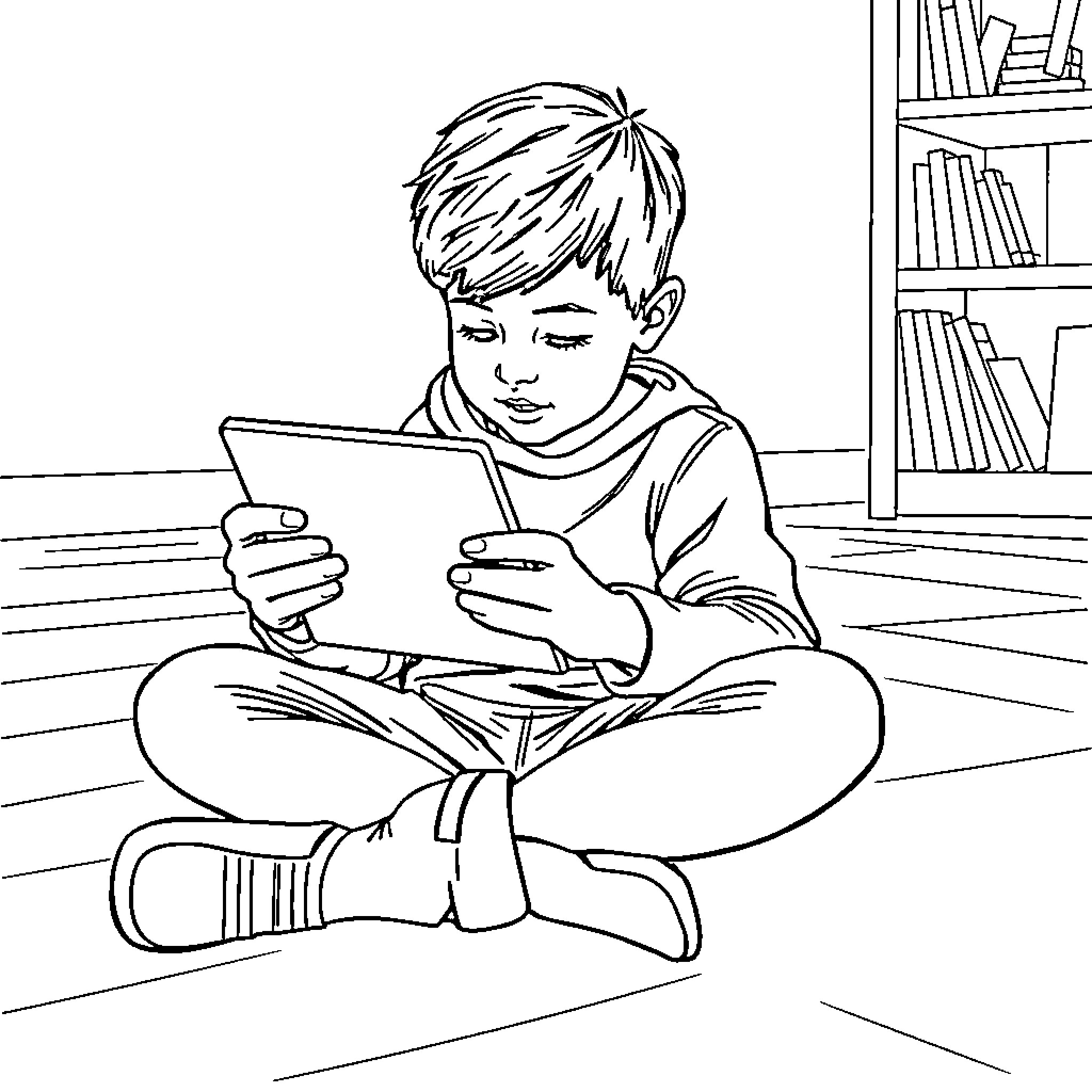 Kid intently using digital device in room Coloring Page (free black-and-white line drawing printable PDF for all, from beginners to advanced learners, including children, teens, adults, and seniors)