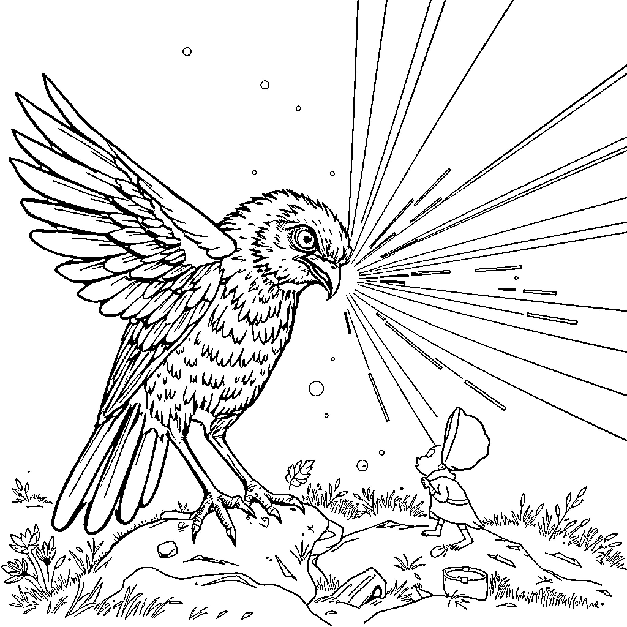 Ciclope: Mystical bird takes flight in enchanted forest Coloring Page (free black-and-white line drawing printable PDF for all, from beginners to advanced learners, including children, teens, adults, and seniors)