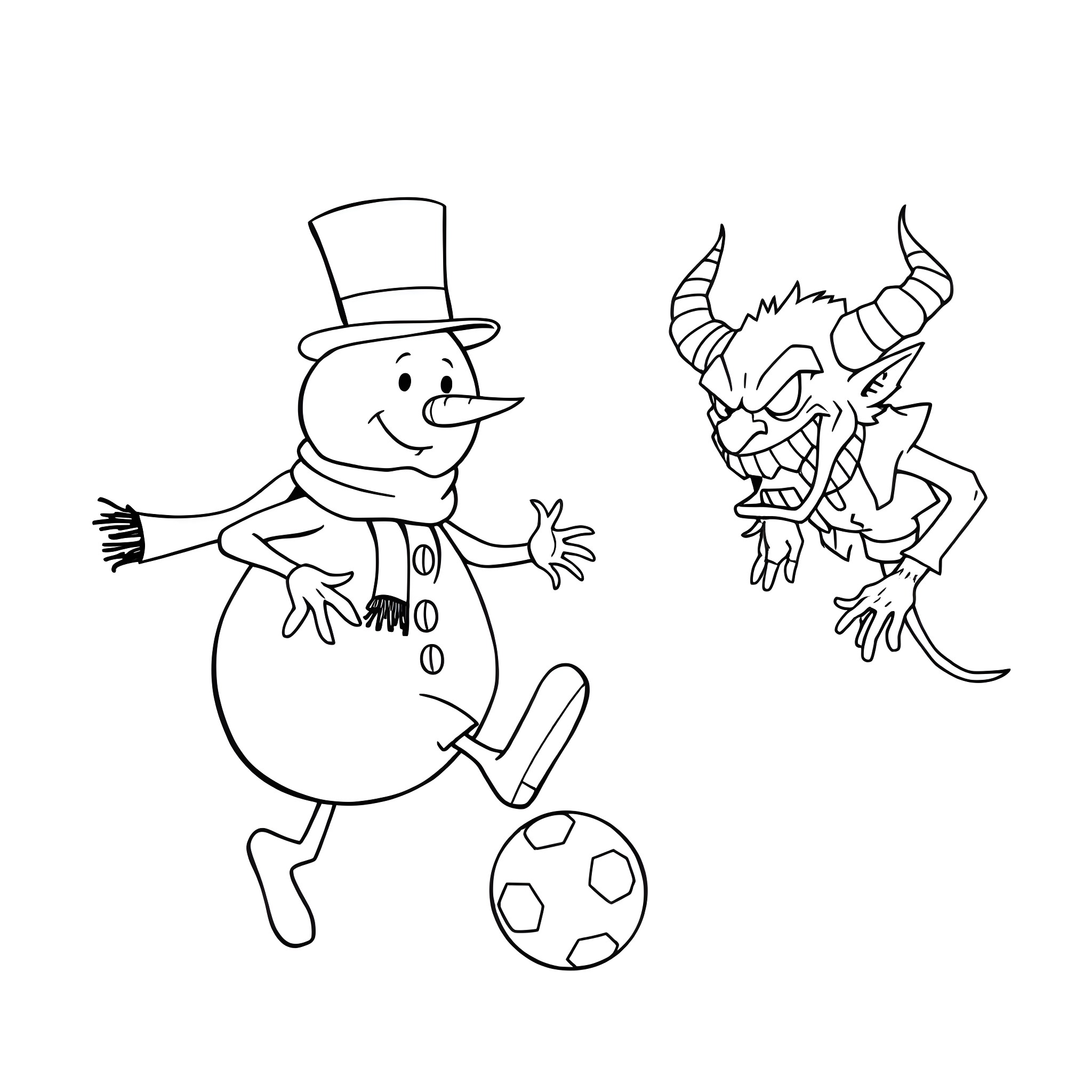 Snowman dancing with a mischievous devil Coloring Page (free black-and-white line drawing printable PDF for all, from beginners to advanced learners, including children, teens, adults, and seniors)