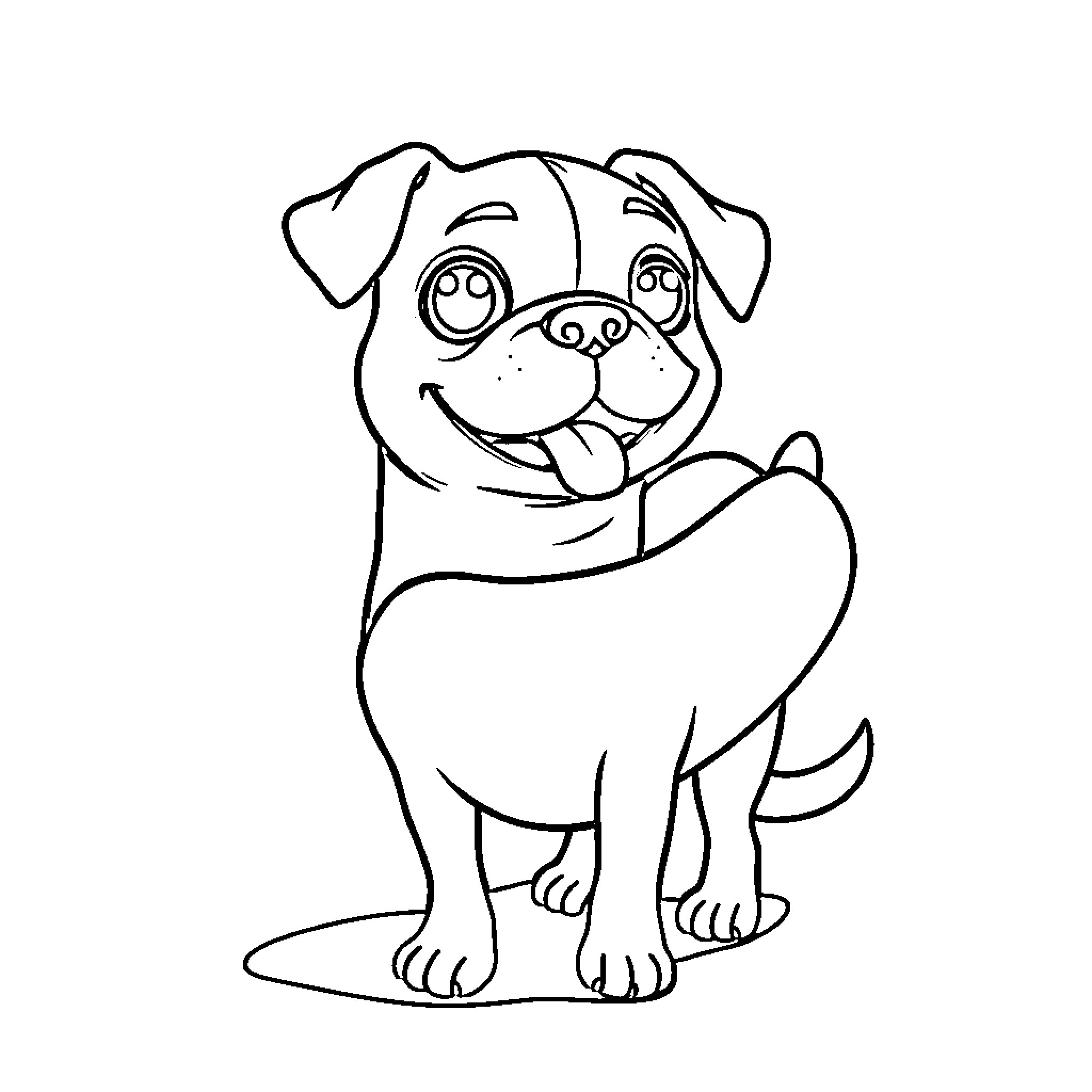 Dog smiling happily in cartoon style Coloring Page (free black-and-white line drawing printable PDF for all, from beginners to advanced learners, including children, teens, adults, and seniors)