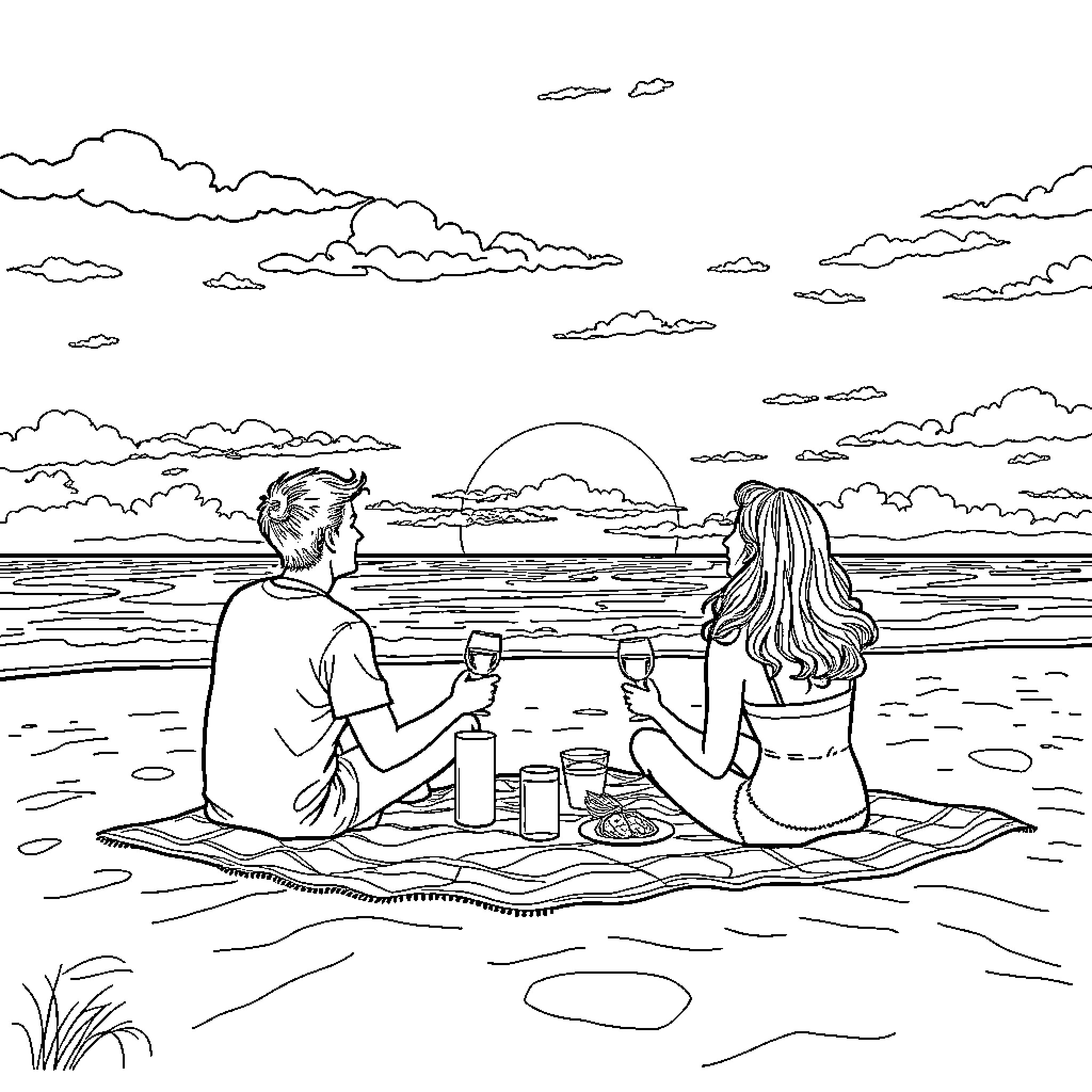 Couple enjoying a picnic by the beach at sunset Coloring Page (free black-and-white line drawing printable PDF for all, from beginners to advanced learners, including children, teens, adults, and seniors)