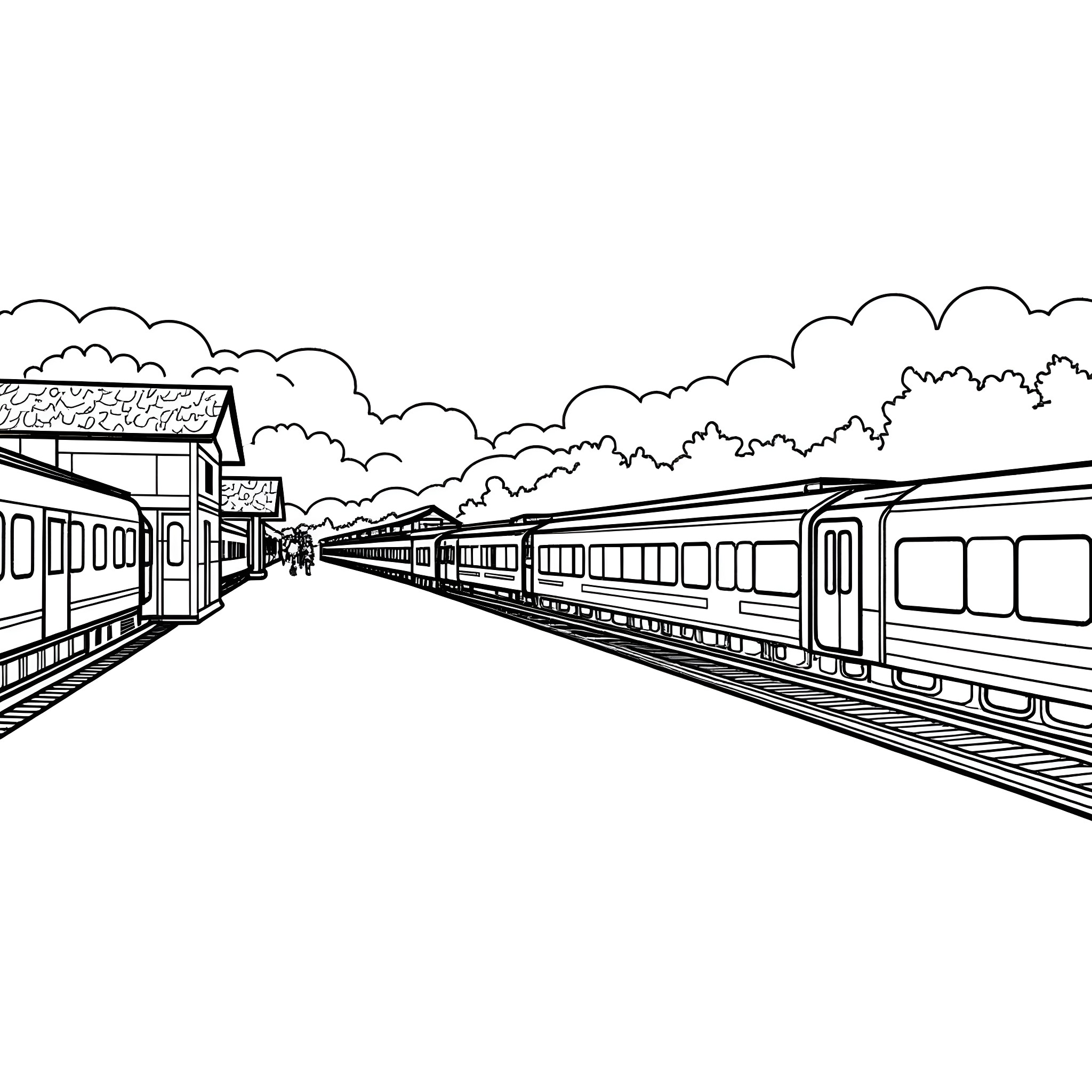 Morphet Station - Trains in motion at the platform Coloring Page (free black-and-white line drawing printable PDF for all, from beginners to advanced learners, including children, teens, adults, and seniors)