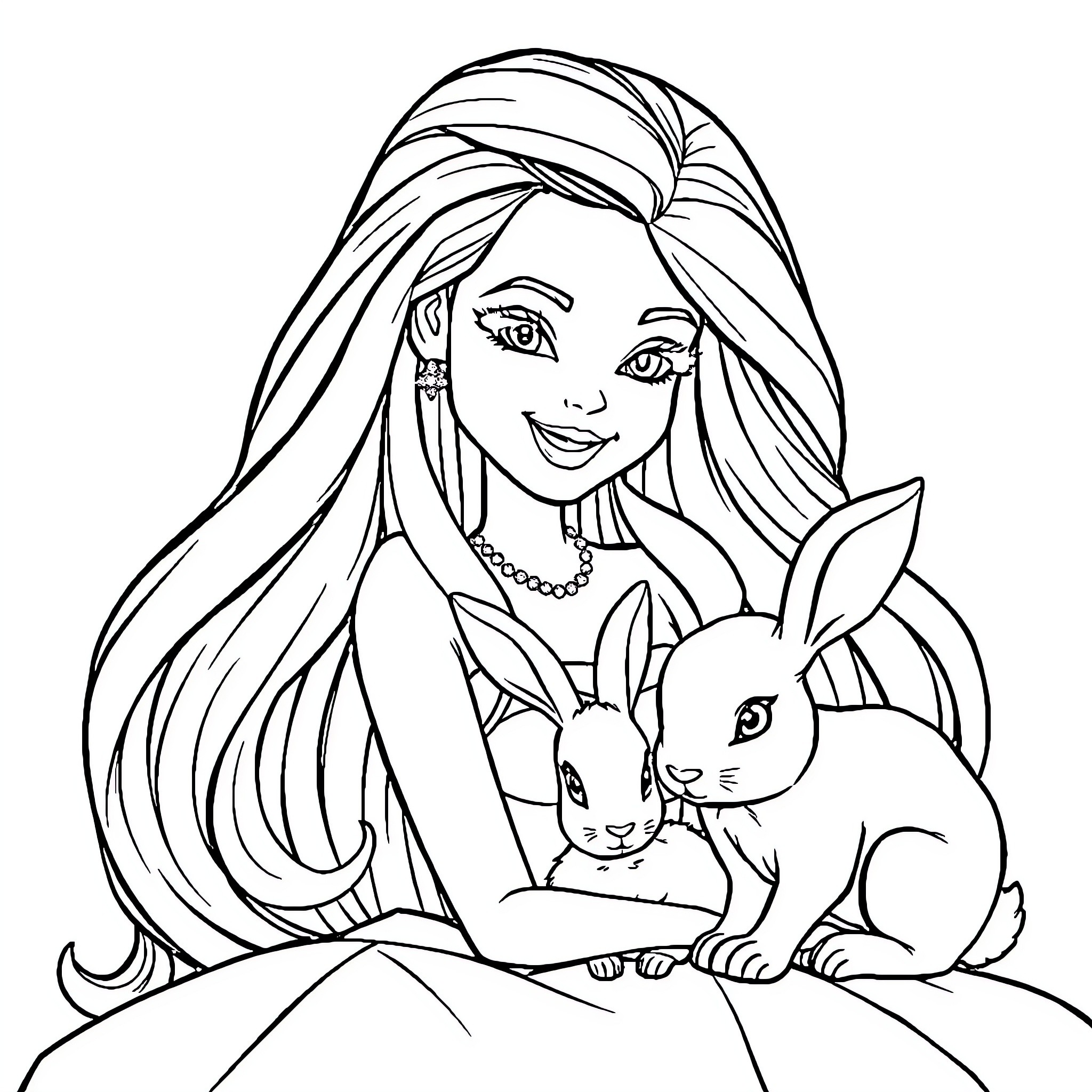 Barbie playing with adorable rabbit Coloring Page (free black-and-white line drawing printable PDF for all, from beginners to advanced learners, including children, teens, adults, and seniors)