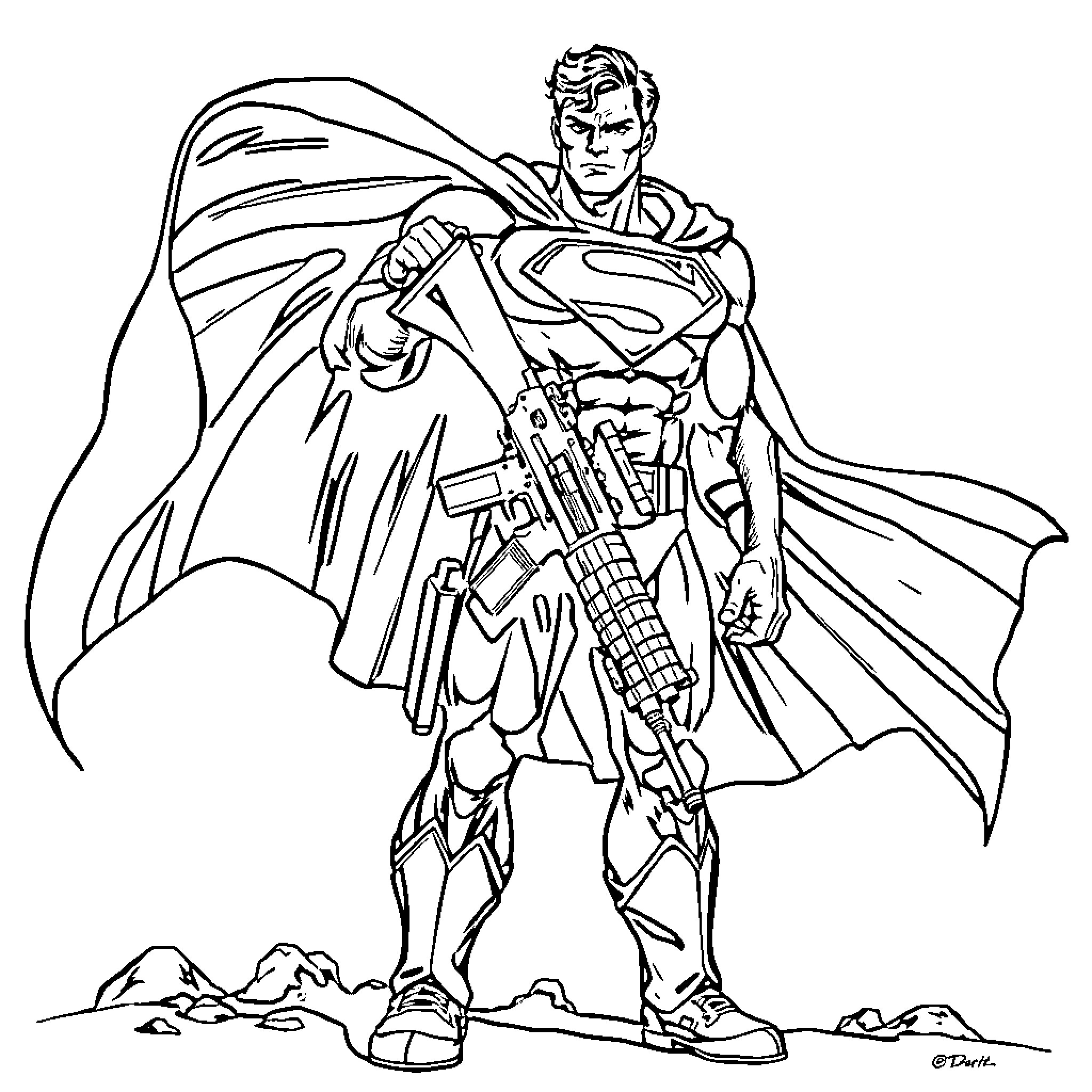 Superman heroically standing with cape and weapon Coloring Page (free black-and-white line drawing printable PDF for all, from beginners to advanced learners, including children, teens, adults, and seniors)