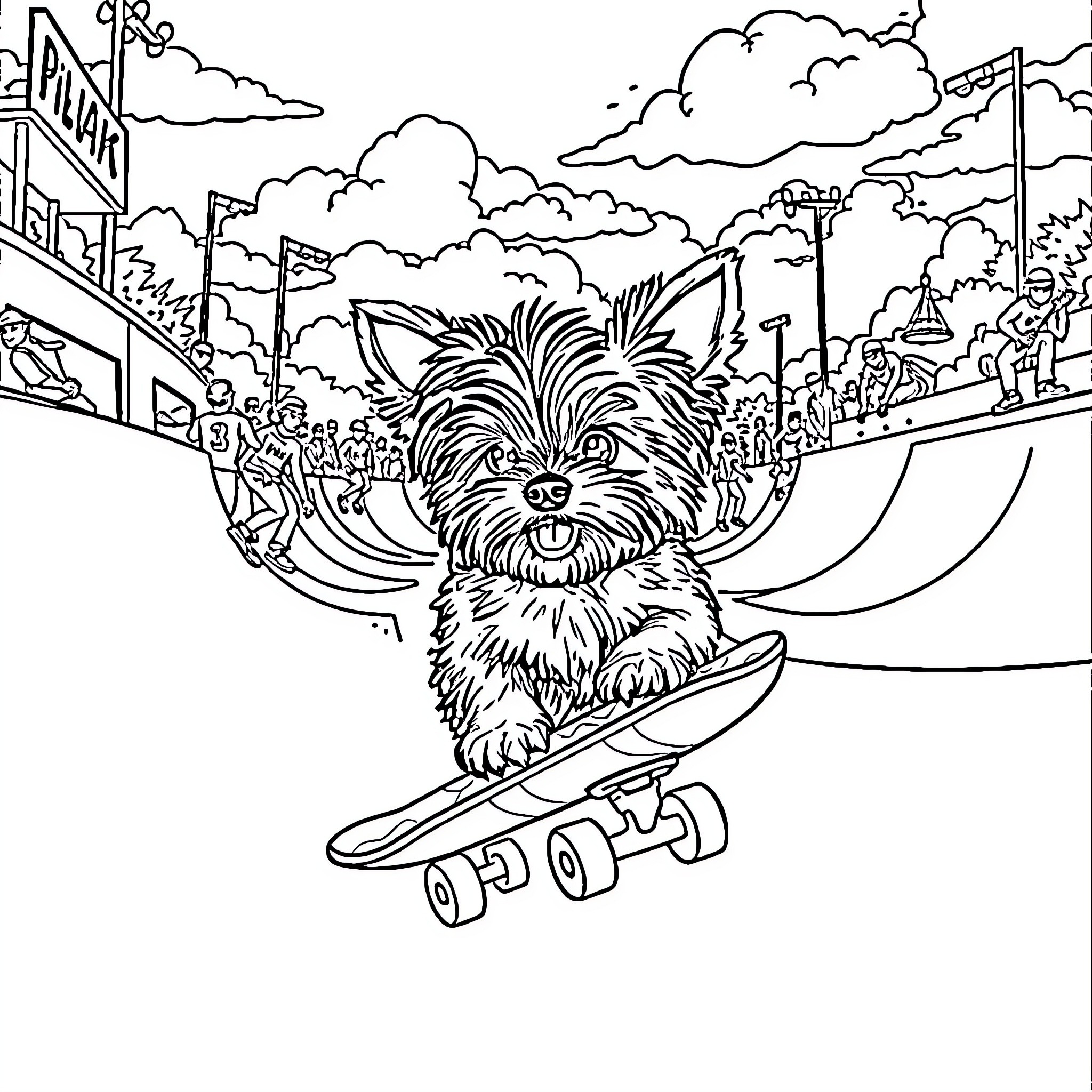 Yorkie riding a skateboard in the city Coloring Page (free black-and-white line drawing printable PDF for all, from beginners to advanced learners, including children, teens, adults, and seniors)