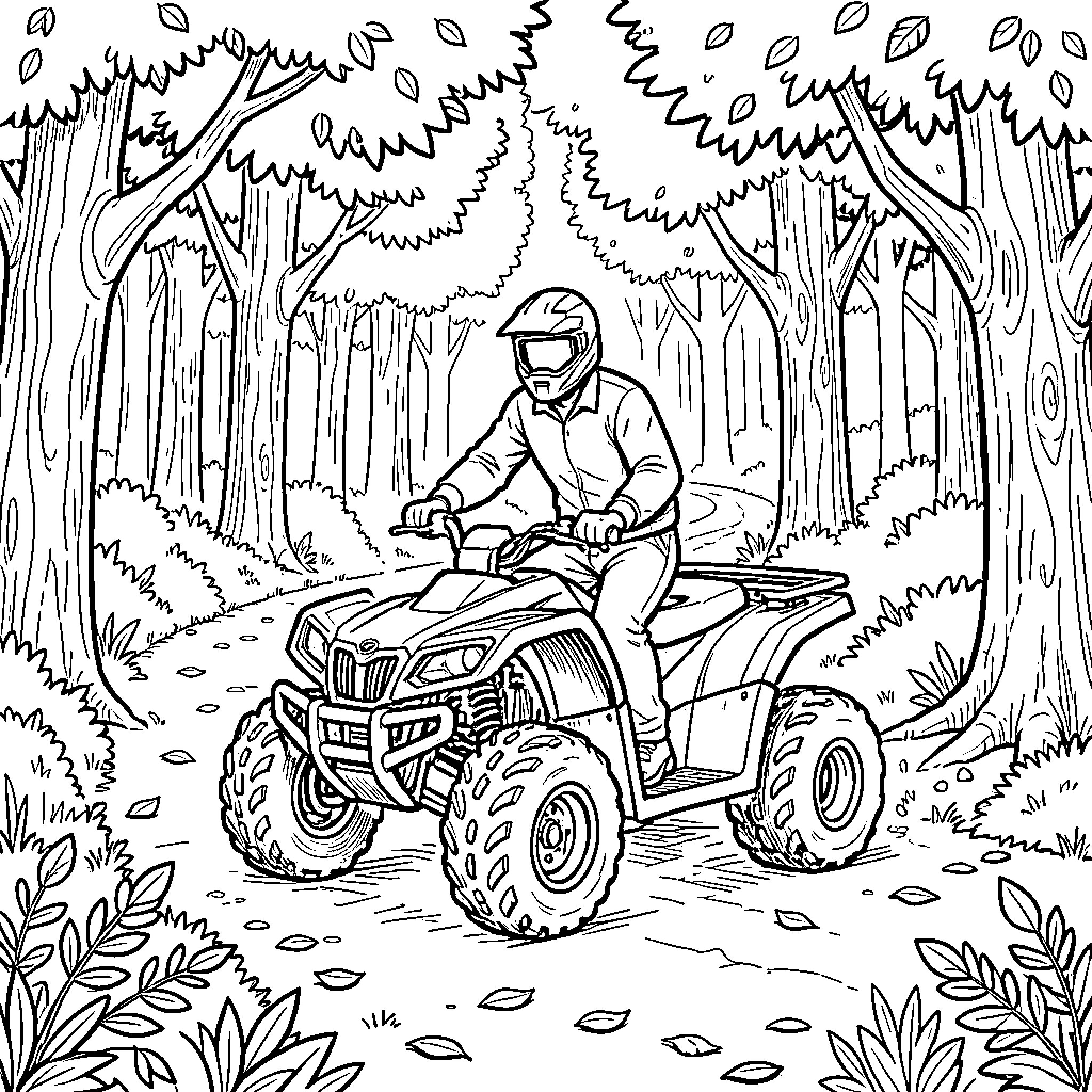 Homme riding an ATV through a forest path Coloring Page (free black-and-white line drawing printable PDF for all, from beginners to advanced learners, including children, teens, adults, and seniors)