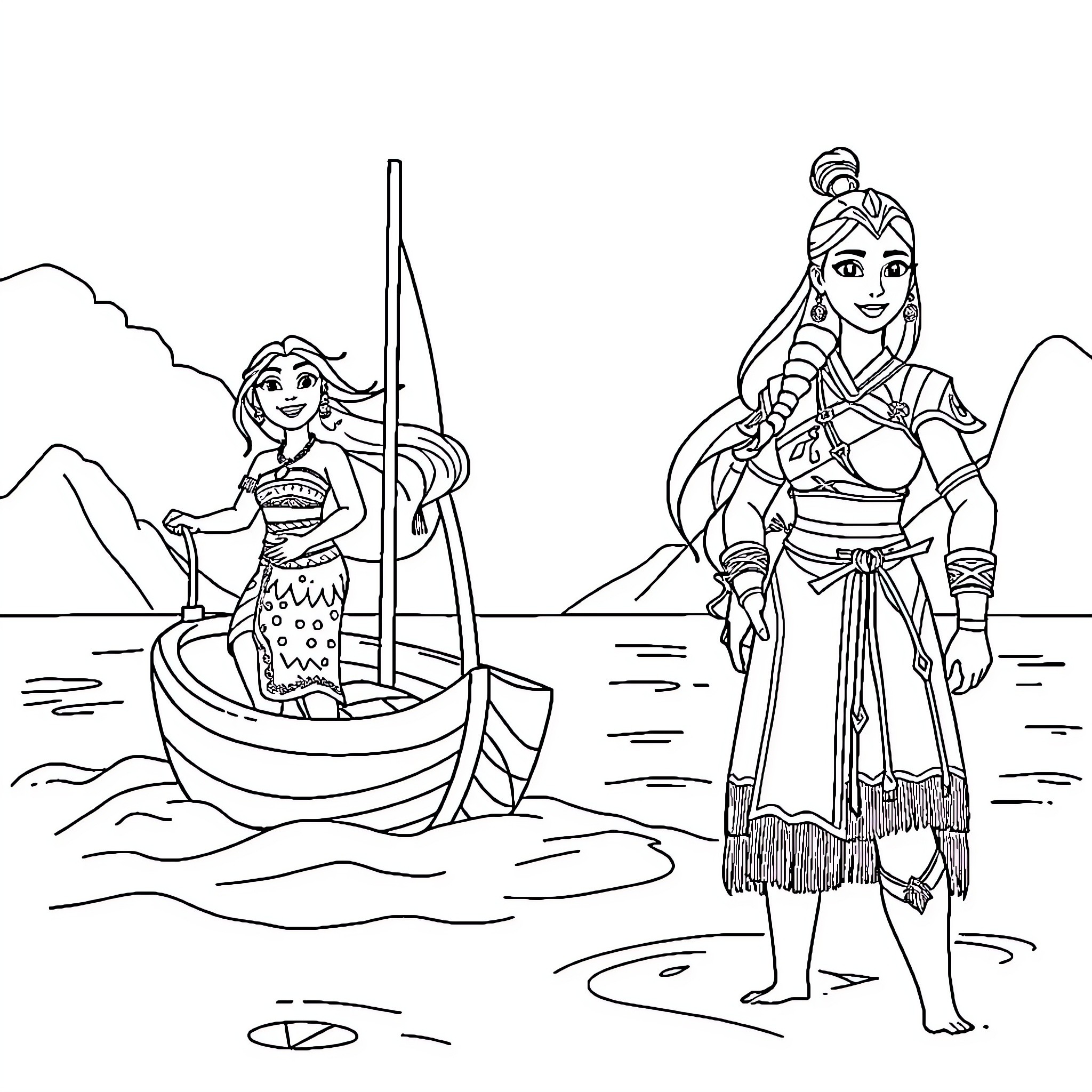 Princess Sailing and Princess Warrior in Adventure Coloring Page (free black-and-white line drawing printable PDF for all, from beginners to advanced learners, including children, teens, adults, and seniors)