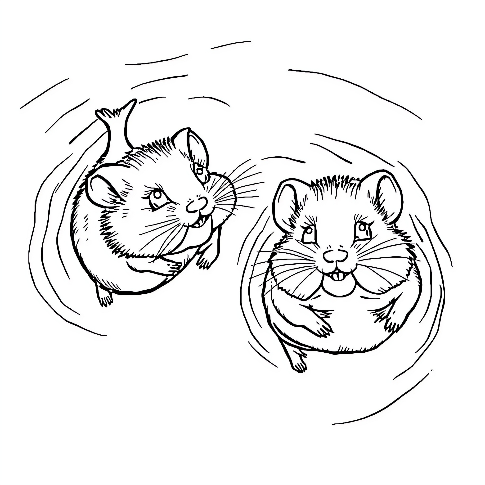 Hamsters playing excitedly in sketch-like style Coloring Page (free black-and-white line drawing printable PDF for all, from beginners to advanced learners, including children, teens, adults, and seniors)