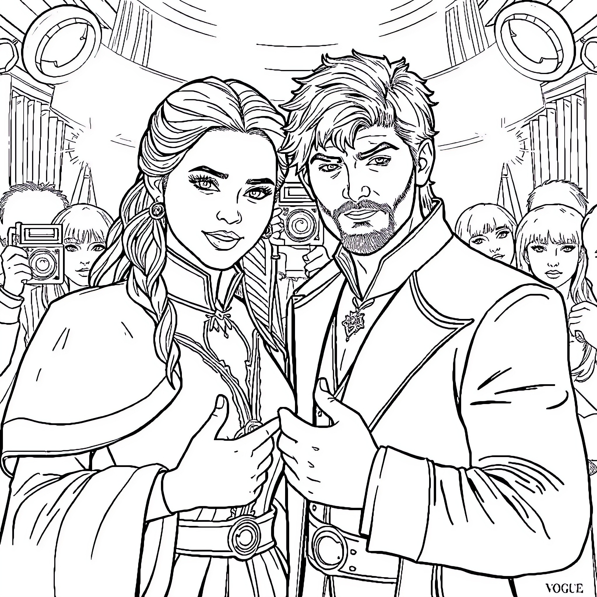 Quatre Intriguing Individuals in Futuristic Garb Coloring Page (free black-and-white line drawing printable PDF for all, from beginners to advanced learners, including children, teens, adults, and seniors)