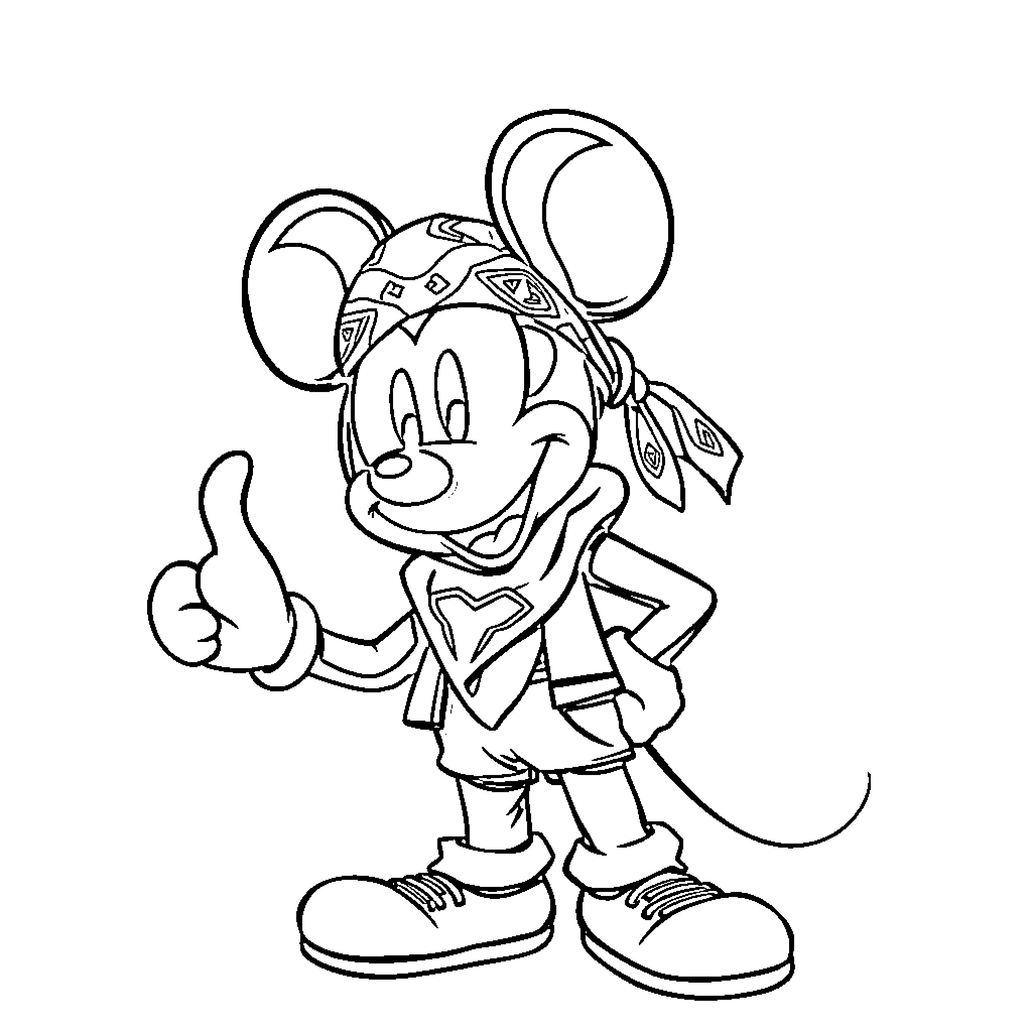 Mickey Giving Thumbs Up in Patterned Outfit Coloring Page (free black-and-white line drawing printable PDF for all, from beginners to advanced learners, including children, teens, adults, and seniors)