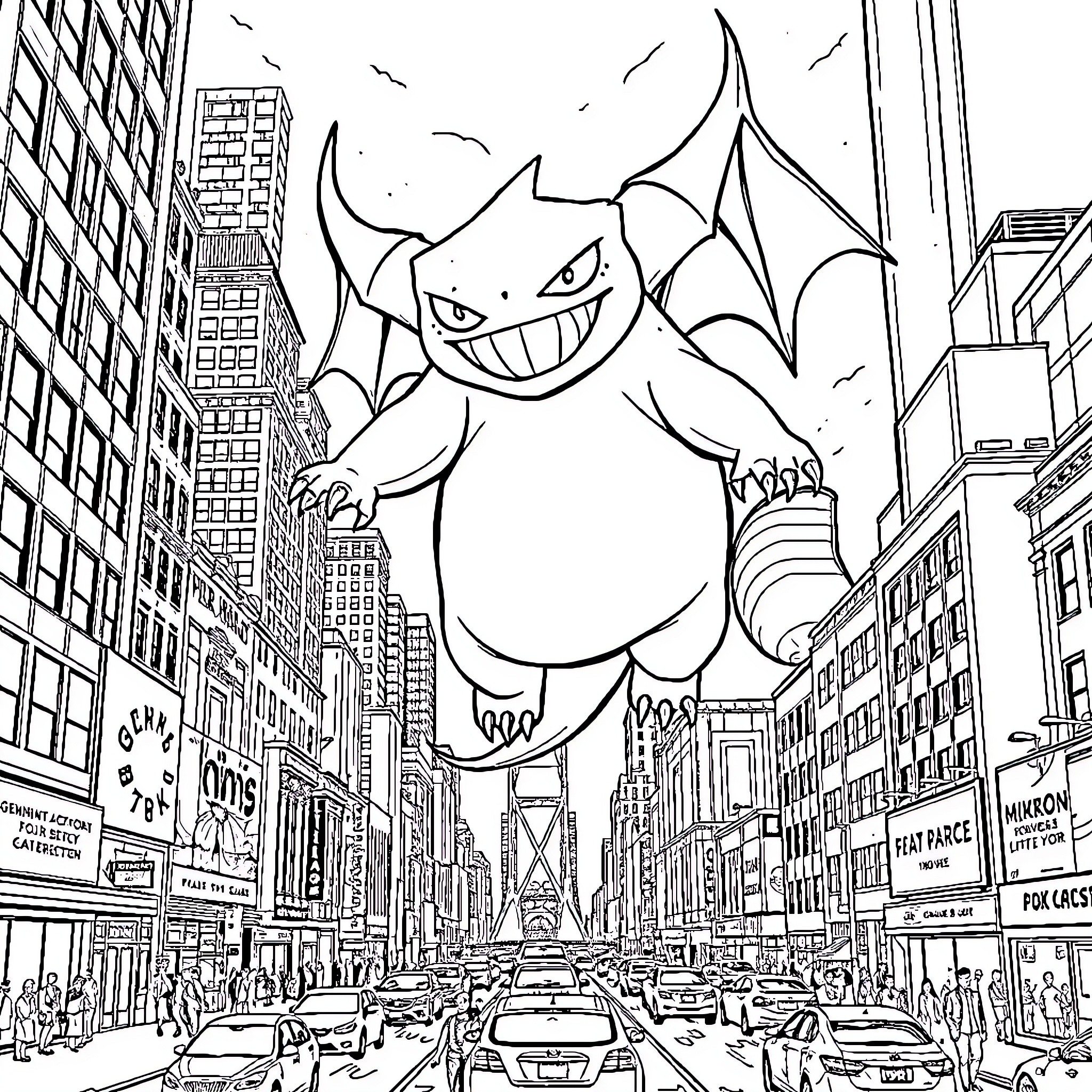Gengar floating over the bustling city Coloring Page (free black-and-white line drawing printable PDF for all, from beginners to advanced learners, including children, teens, adults, and seniors)