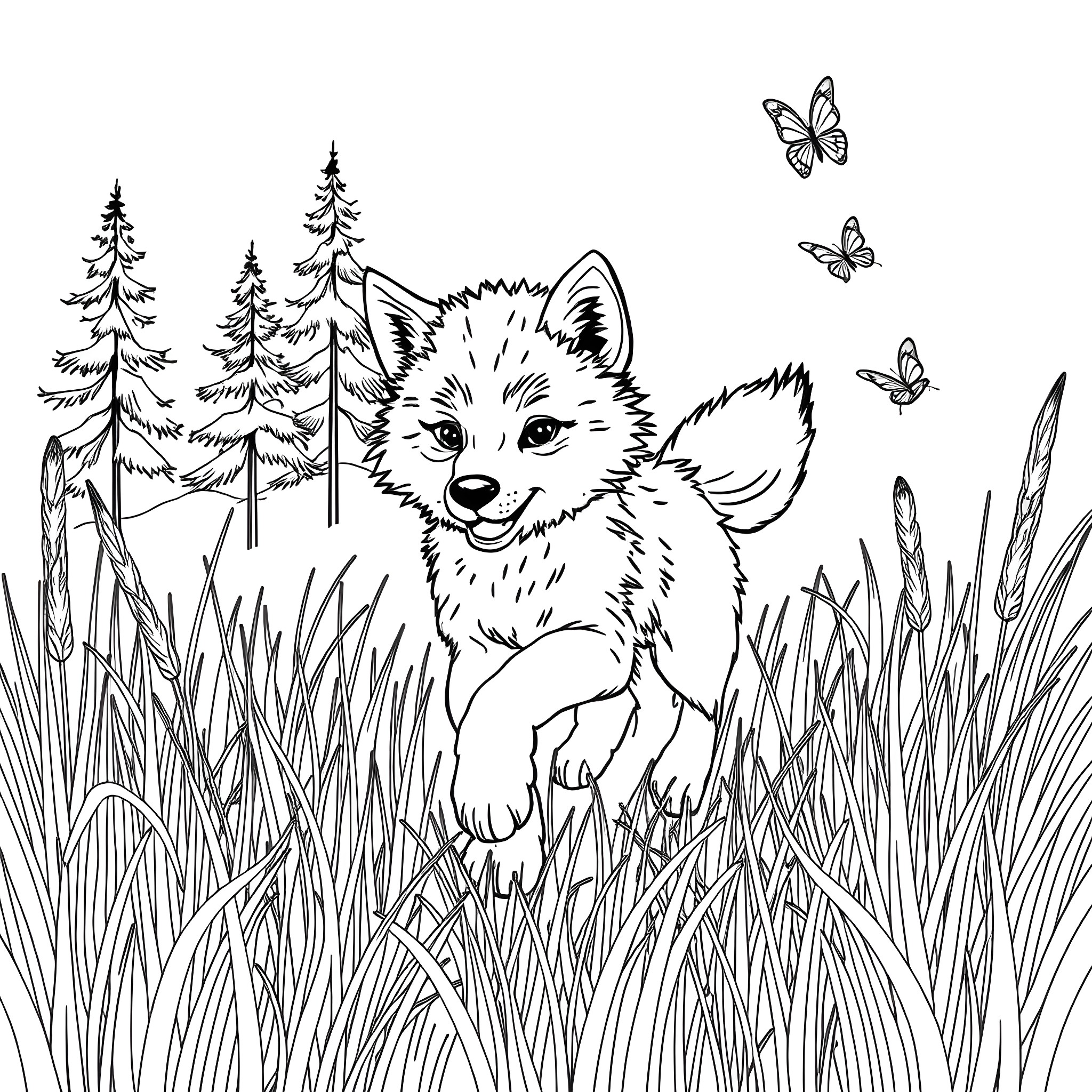 Wolf cub exploring the forest with butterflies Coloring Page (free black-and-white line drawing printable PDF for all, from beginners to advanced learners, including children, teens, adults, and seniors)