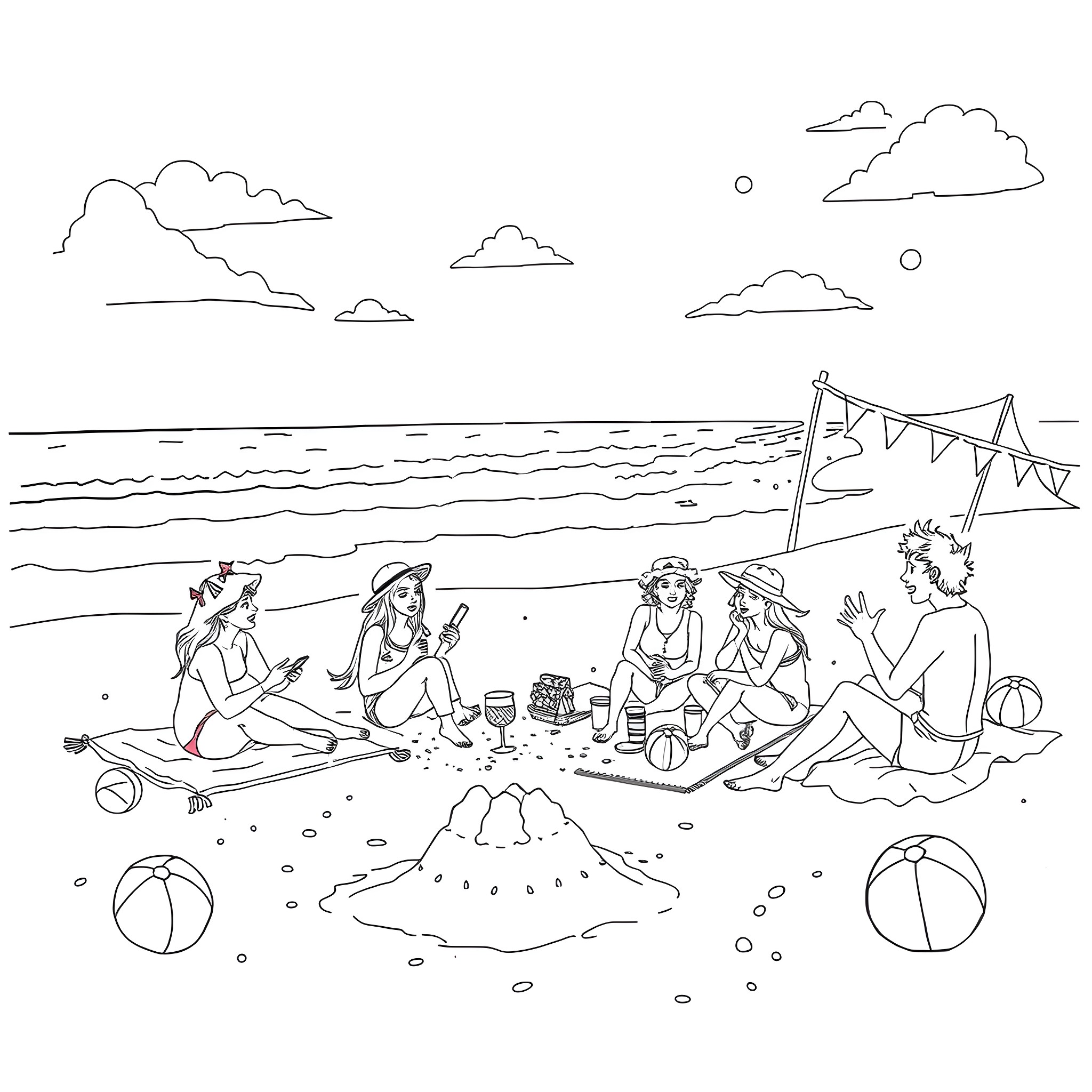 Beach scene with people relaxing and having fun Coloring Page (free black-and-white line drawing printable PDF for all, from beginners to advanced learners, including children, teens, adults, and seniors)