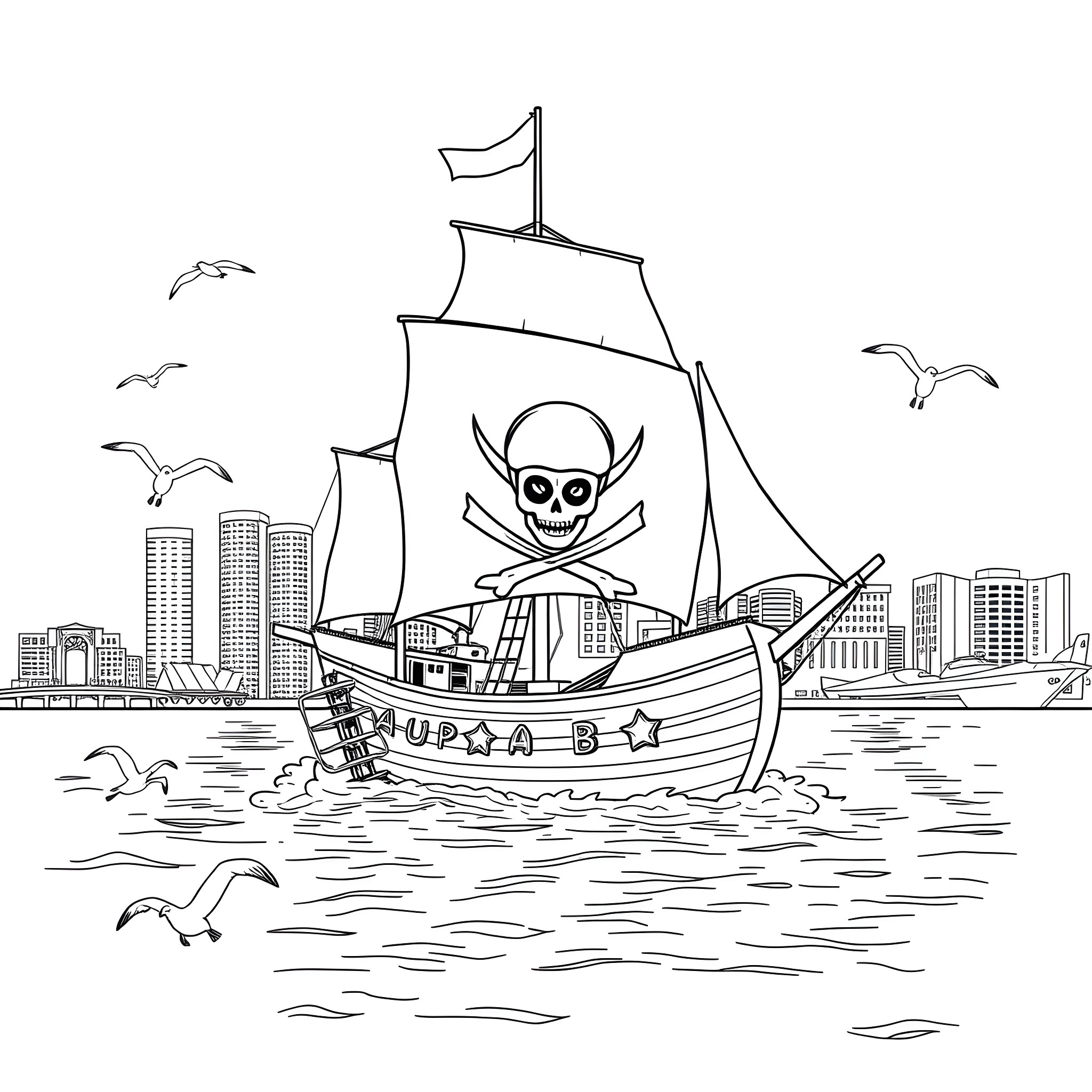 Pirate Ship with Skull and Crossbones Sailing Near City Coloring Page (free black-and-white line drawing printable PDF for all, from beginners to advanced learners, including children, teens, adults, and seniors)