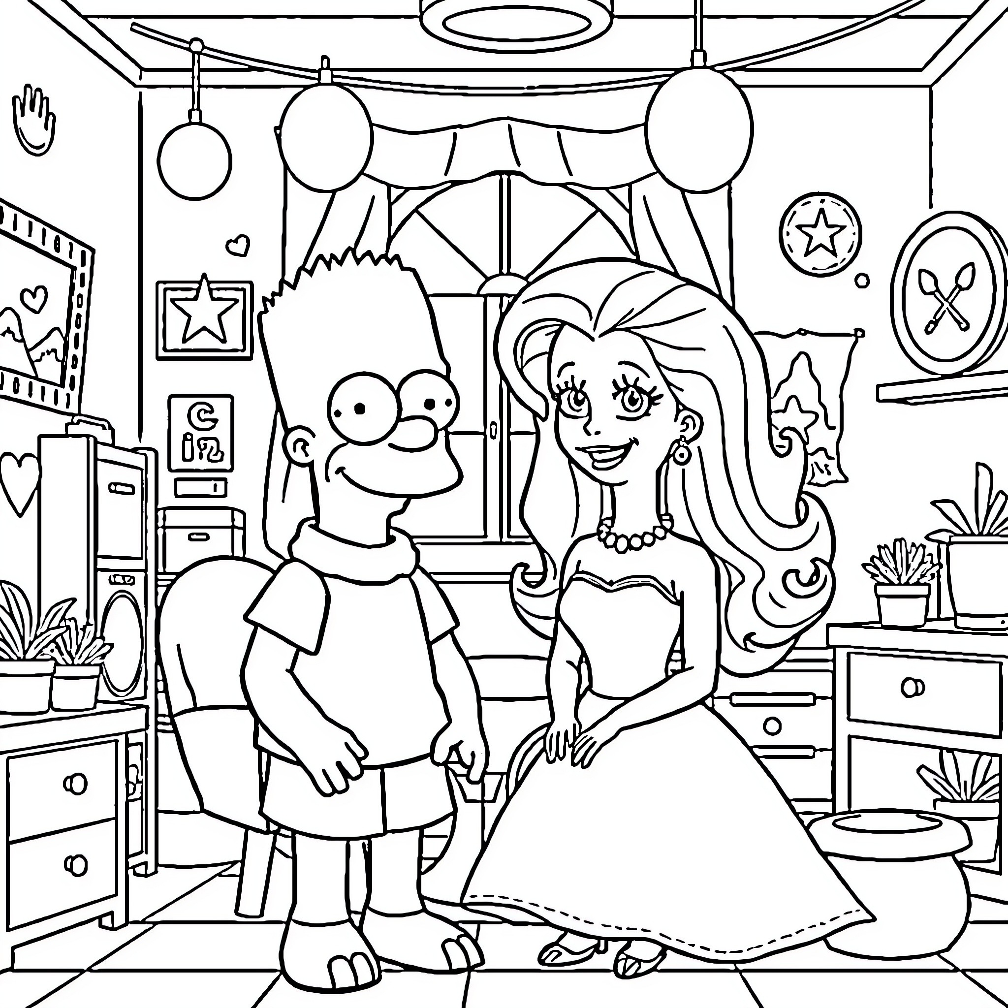 Simpson Family Enjoying Festive Celebration at Home Coloring Page (free black-and-white line drawing printable PDF for all, from beginners to advanced learners, including children, teens, adults, and seniors)