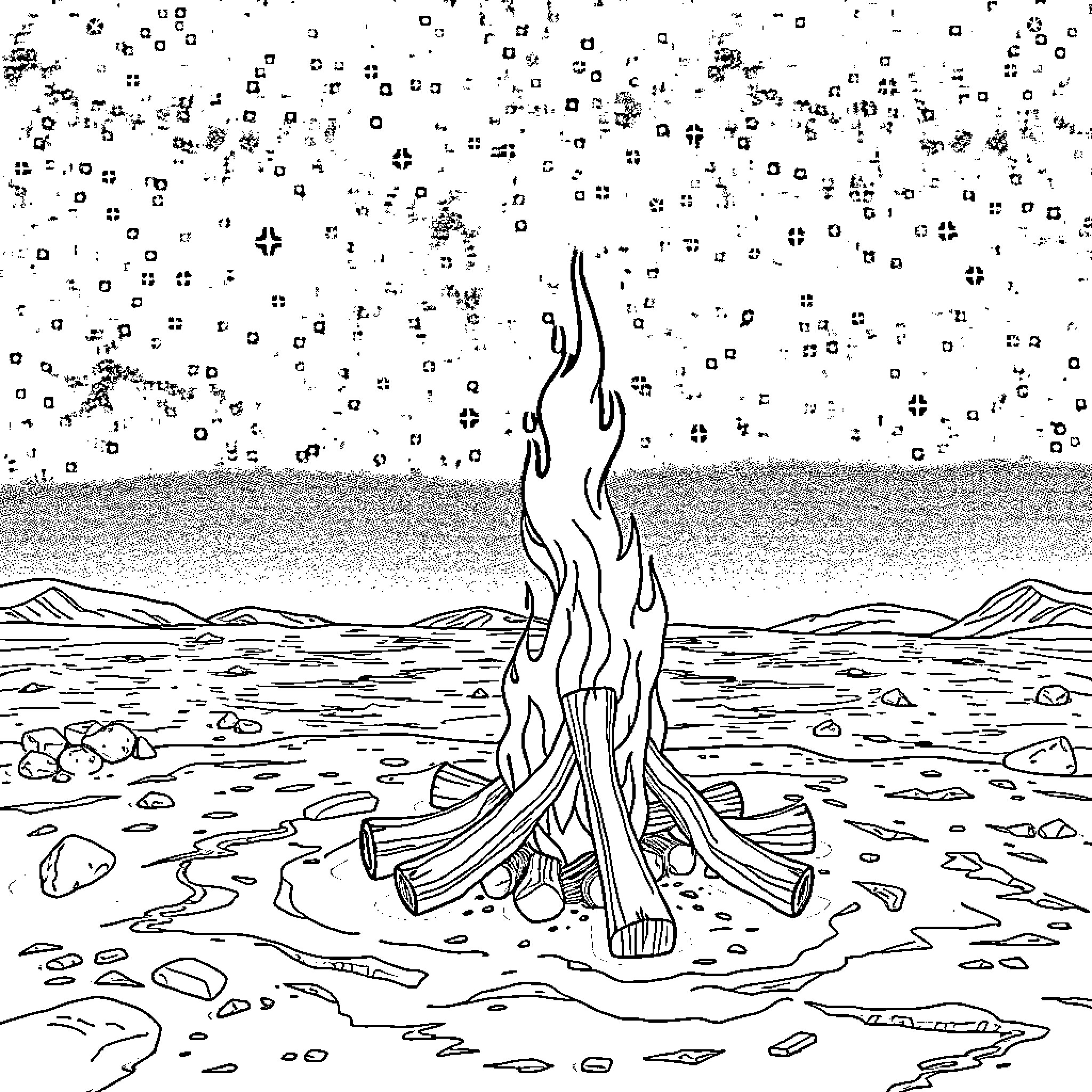 Bonfire by the lake with mountains Coloring Page (free black-and-white line drawing printable PDF for all, from beginners to advanced learners, including children, teens, adults, and seniors)