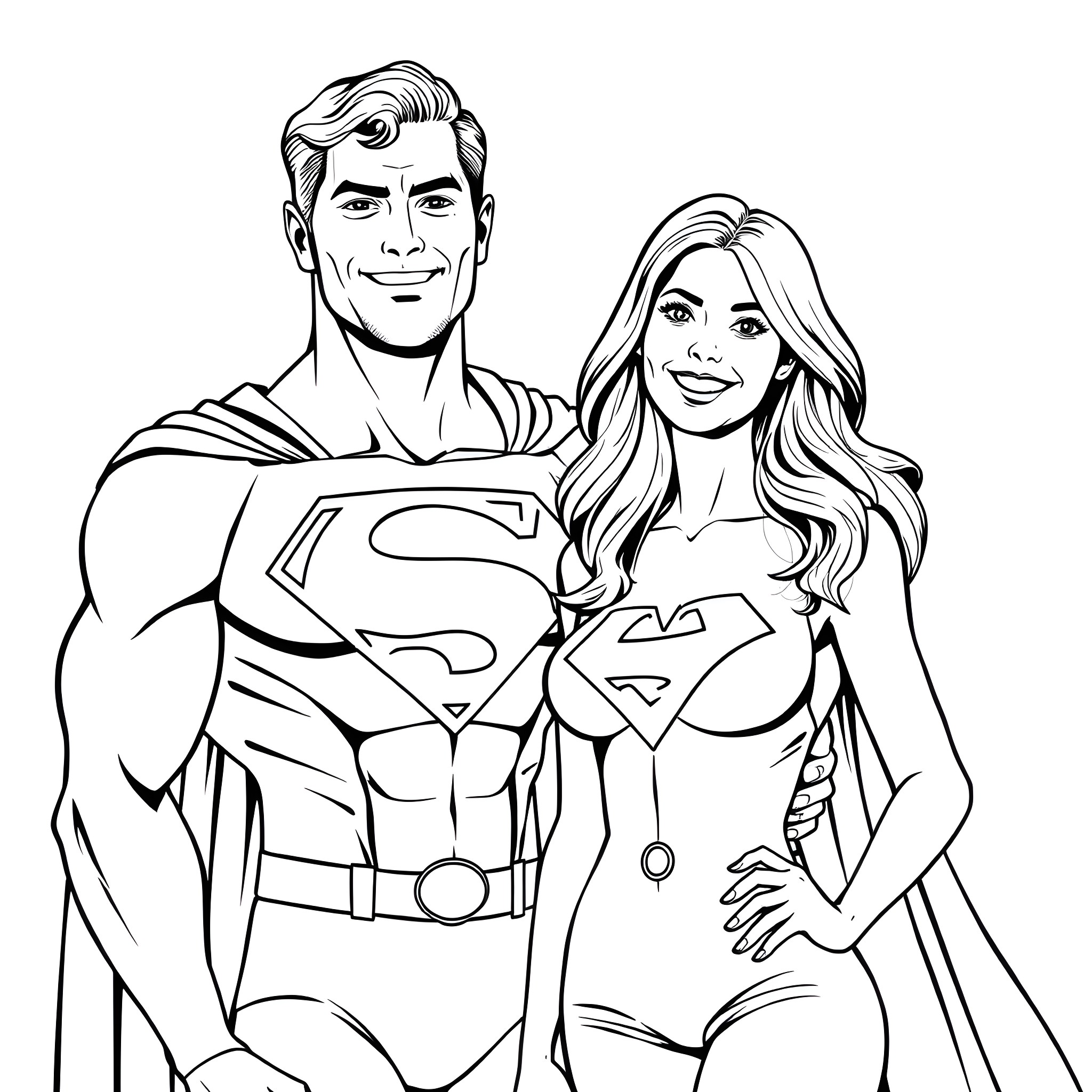 Superman and Superwoman's Heroic Poses Coloring Page (free black-and-white line drawing printable PDF for all, from beginners to advanced learners, including children, teens, adults, and seniors)
