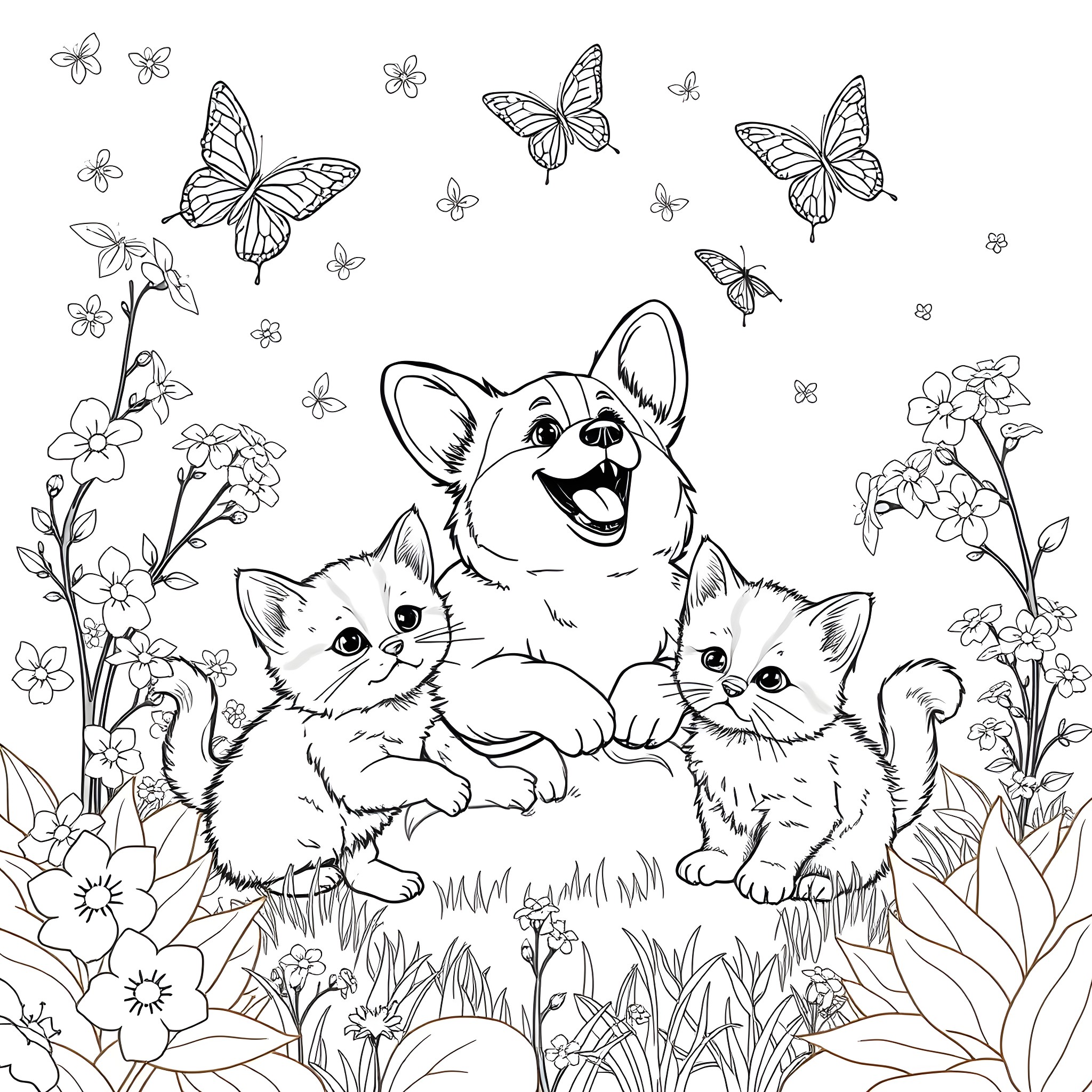 Corgi and Kittens in a Flower Garden Coloring Page (free black-and-white line drawing printable PDF for all, from beginners to advanced learners, including children, teens, adults, and seniors)
