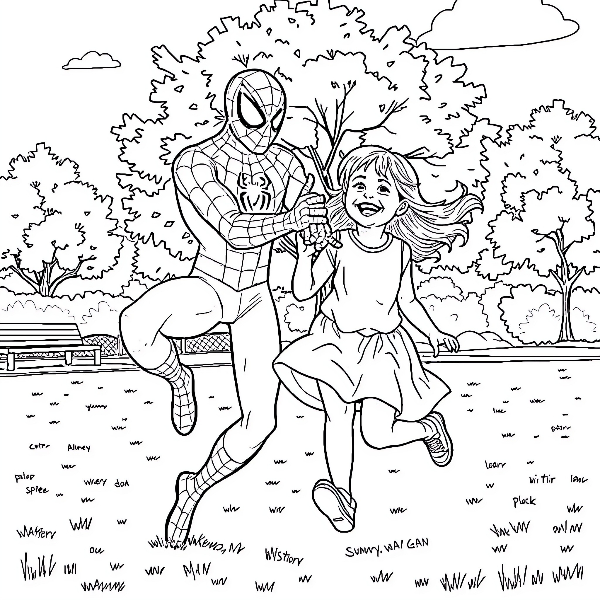 Spiderman playing happily with a girl in the park Coloring Page (free black-and-white line drawing printable PDF for all, from beginners to advanced learners, including children, teens, adults, and seniors)