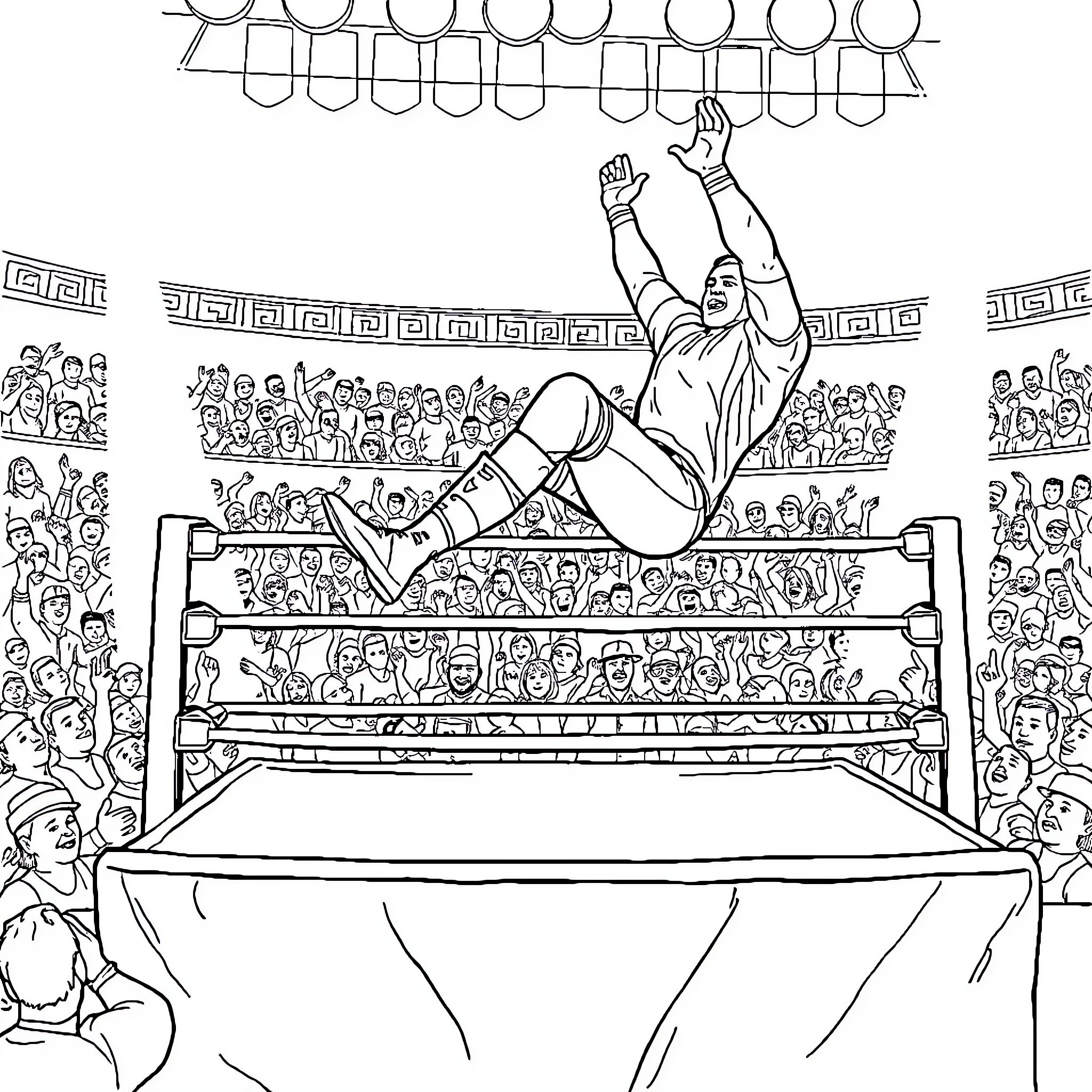 John Cena performing wrestling moves in front of a cheering crowd Coloring Page (free black-and-white line drawing printable PDF for all, from beginners to advanced learners, including children, teens, adults, and seniors)