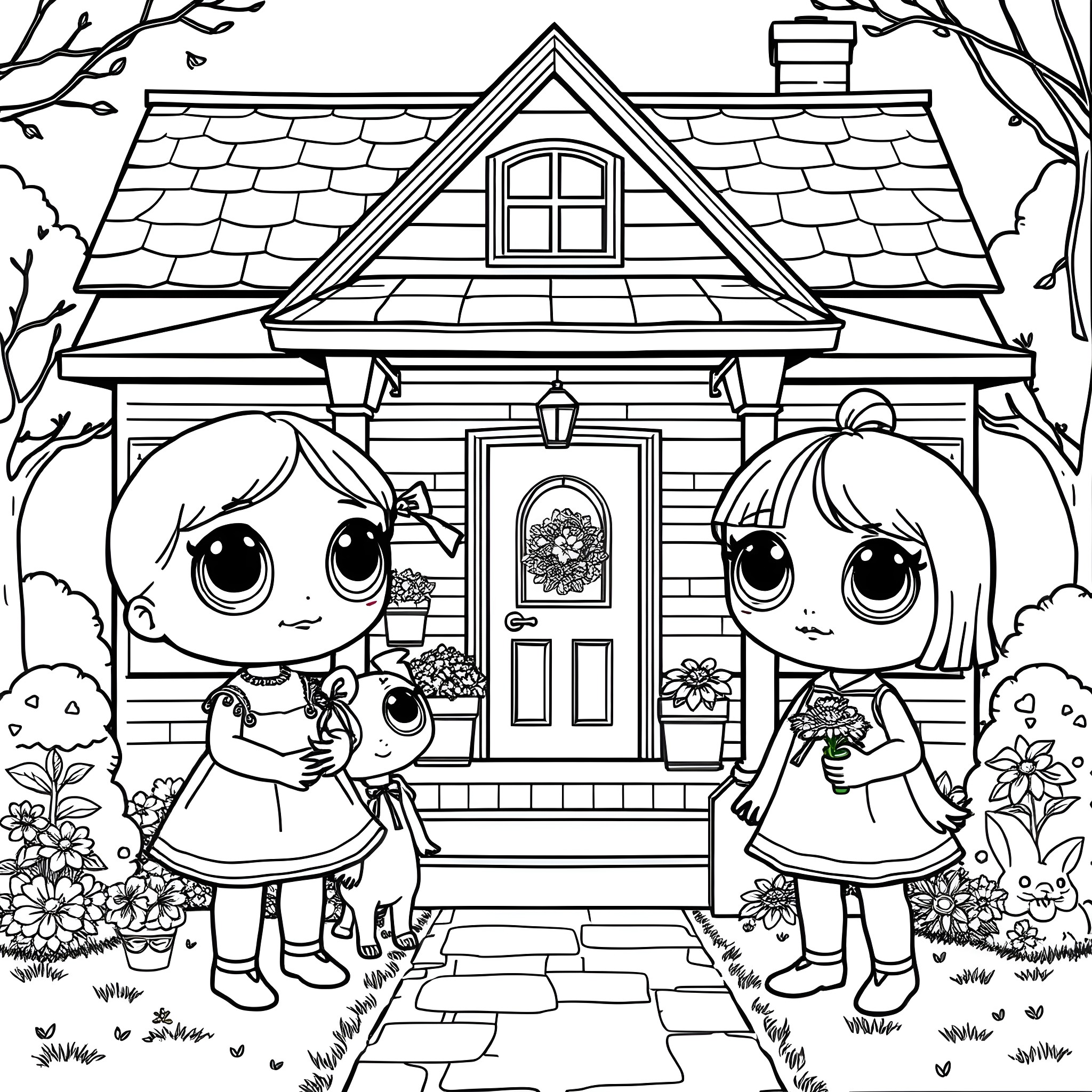 Doll sisters outside a cottage in the woods Coloring Page (free black-and-white line drawing printable PDF for all, from beginners to advanced learners, including children, teens, adults, and seniors)