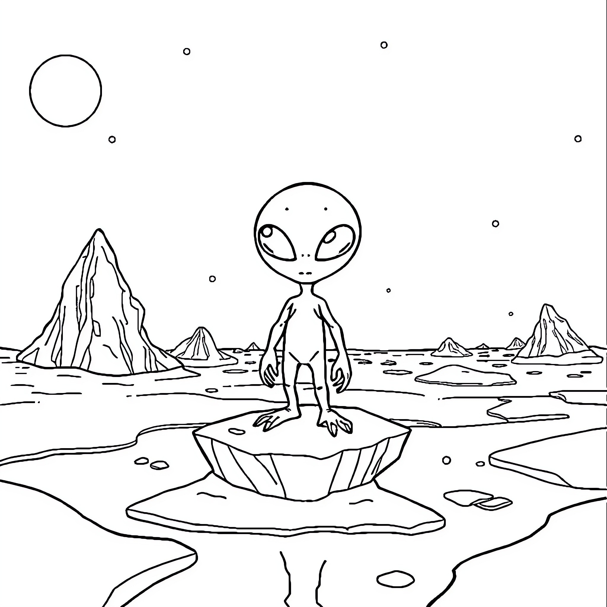 Alien exploring a mysterious alien landscape Coloring Page (free black-and-white line drawing printable PDF for all, from beginners to advanced learners, including children, teens, adults, and seniors)