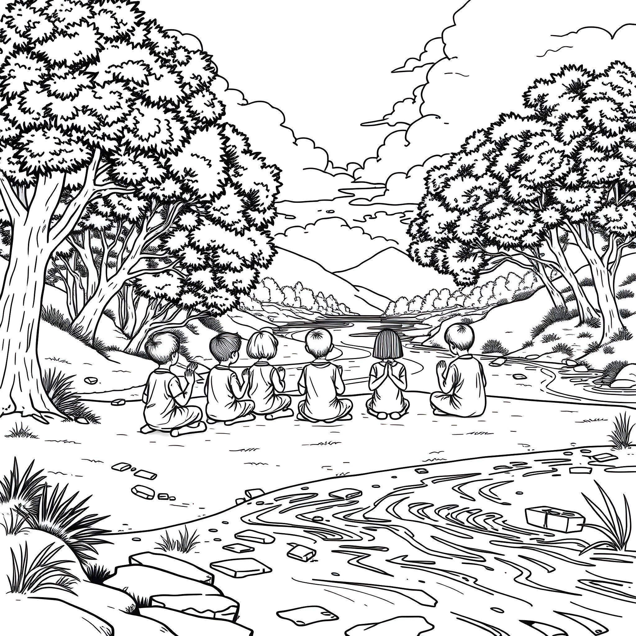 Children playing by the riverbank in nature Coloring Page (free black-and-white line drawing printable PDF for all, from beginners to advanced learners, including children, teens, adults, and seniors)