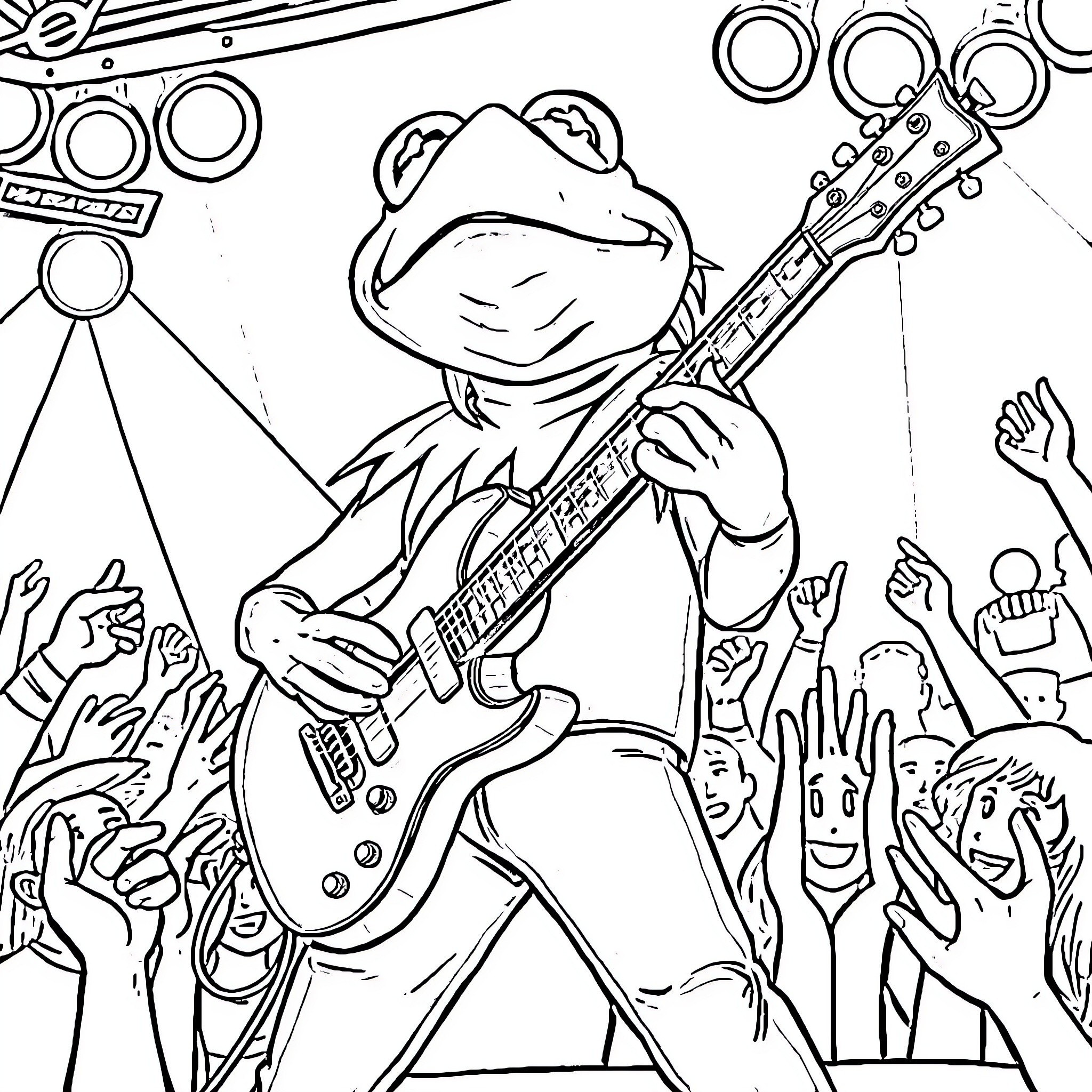 Kermit the Frog Performing on Stage Coloring Page (free black-and-white line drawing printable PDF for all, from beginners to advanced learners, including children, teens, adults, and seniors)