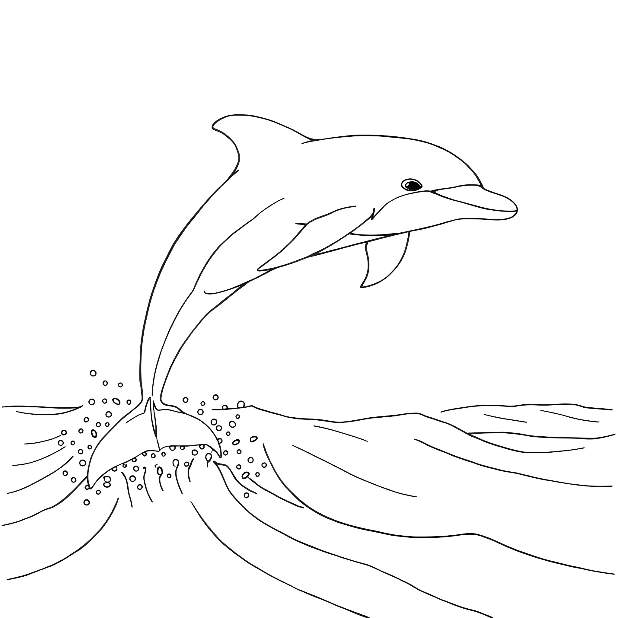 Dolphin swimming joyfully in the waves Coloring Page (free black-and-white line drawing printable PDF for all, from beginners to advanced learners, including children, teens, adults, and seniors)