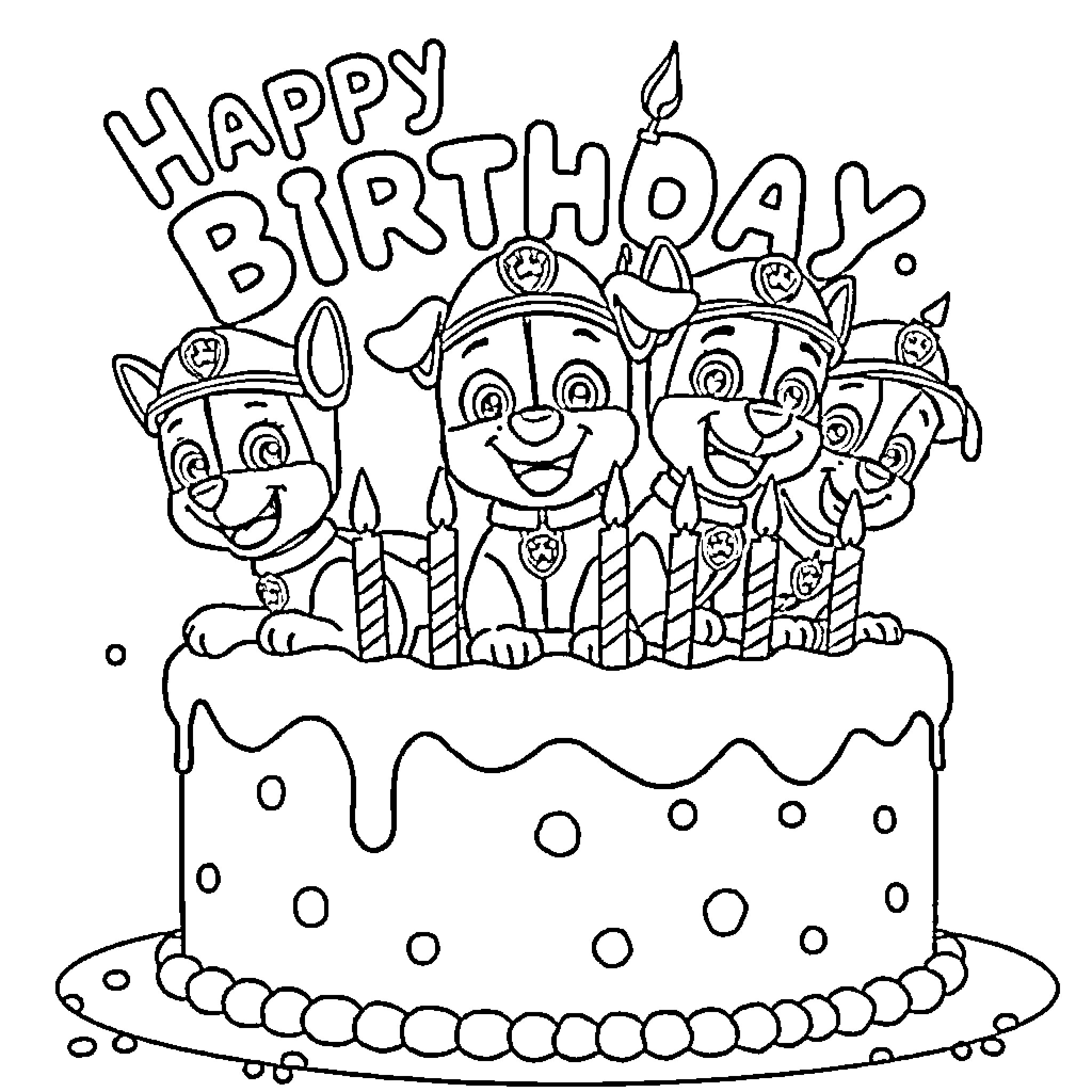 Paw Patrol Celebrating Happy Birthday Coloring Page (free black-and-white line drawing printable PDF for all, from beginners to advanced learners, including children, teens, adults, and seniors)