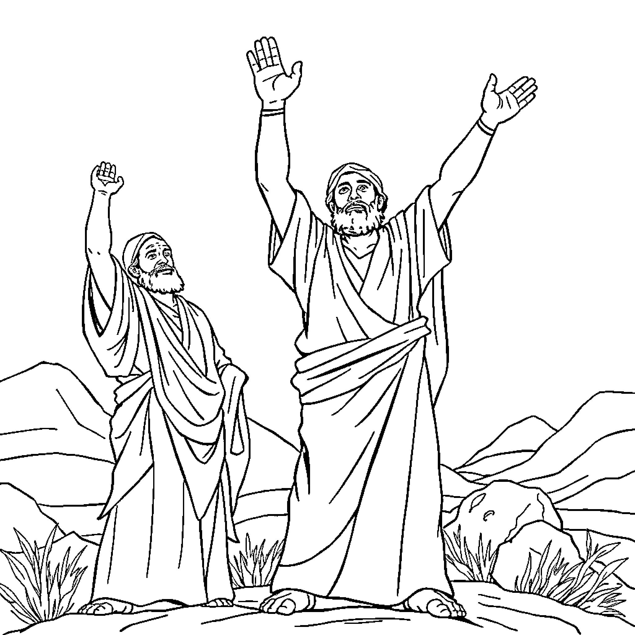 Aaron and Disciples Praising the Lord in the Mountains Coloring Page (free black-and-white line drawing printable PDF for all, from beginners to advanced learners, including children, teens, adults, and seniors)