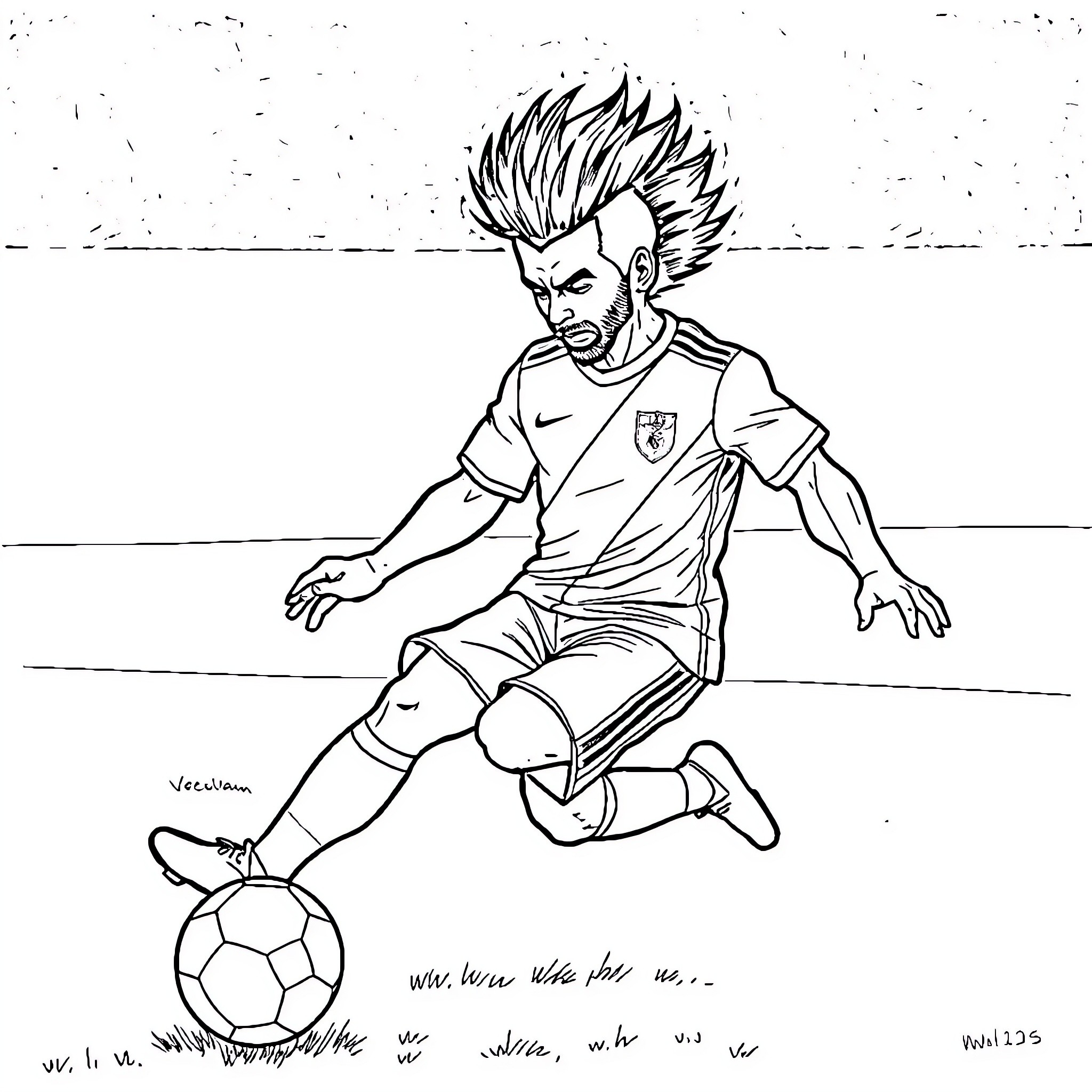 Vegeta playing soccer with intense focus Coloring Page (free black-and-white line drawing printable PDF for all, from beginners to advanced learners, including children, teens, adults, and seniors)