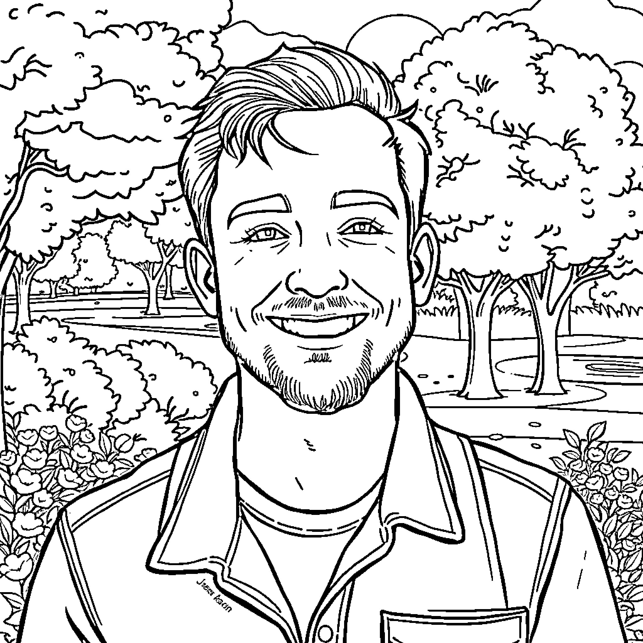 Jason's Charming Smile in the Lush Countryside Coloring Page (free black-and-white line drawing printable PDF for all, from beginners to advanced learners, including children, teens, adults, and seniors)