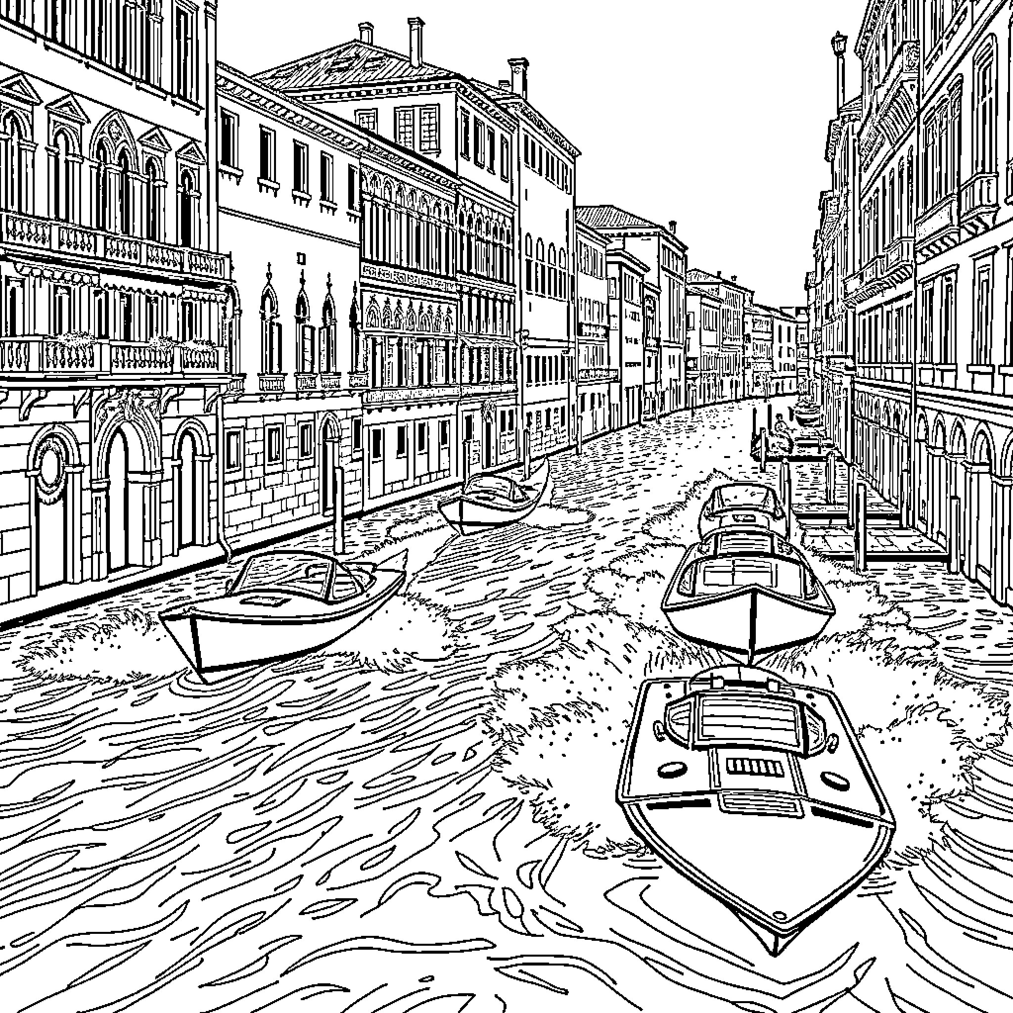 RC Boat cruising along a Venetian canal Coloring Page (free black-and-white line drawing printable PDF for all, from beginners to advanced learners, including children, teens, adults, and seniors)