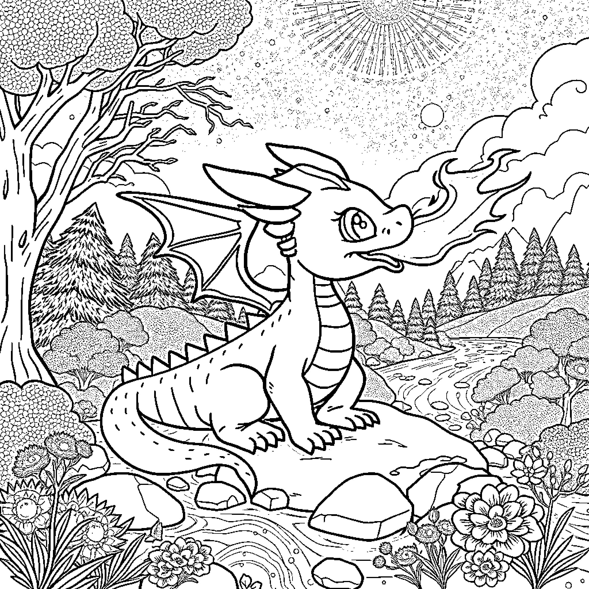 Baby Dragon Flying Joyfully through Enchanted Landscape Coloring Page (free black-and-white line drawing printable PDF for all, from beginners to advanced learners, including children, teens, adults, and seniors)