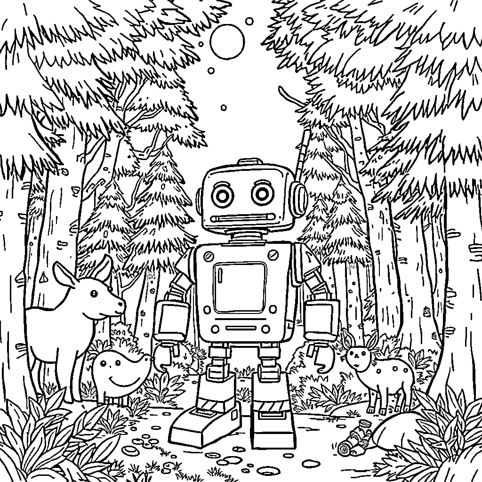 Robot exploring mysterious forest with animal friends Coloring Page (free black-and-white line drawing printable PDF for all, from beginners to advanced learners, including children, teens, adults, and seniors)