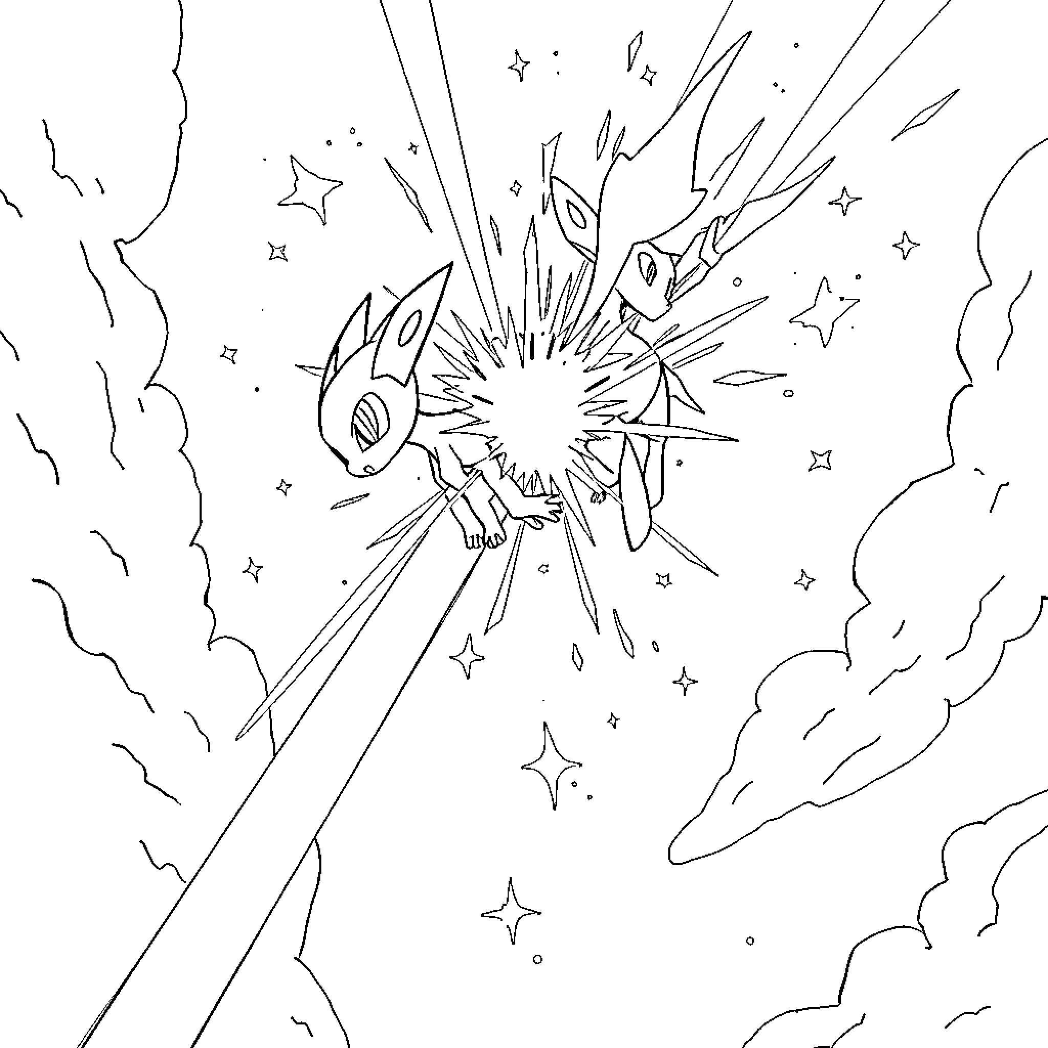 Mewtwo's Cosmic Explosion Coloring Page (free black-and-white line drawing printable PDF for all, from beginners to advanced learners, including children, teens, adults, and seniors)