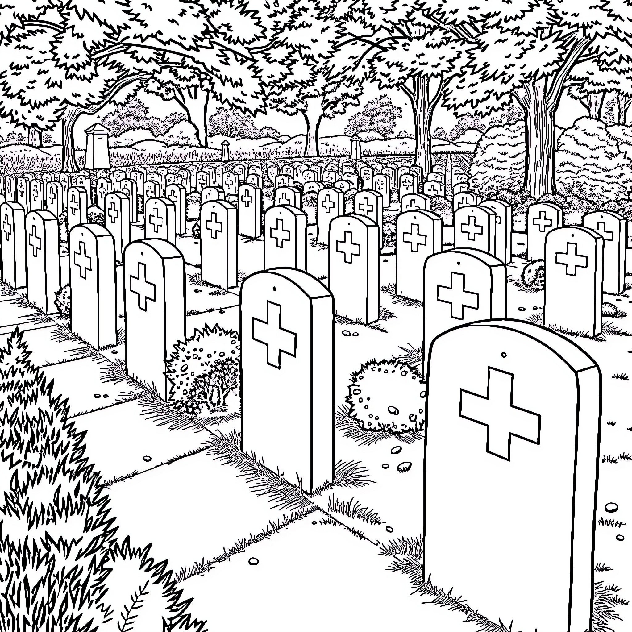 Soldier's final resting place in solemn graveyard Coloring Page (free black-and-white line drawing printable PDF for all, from beginners to advanced learners, including children, teens, adults, and seniors)