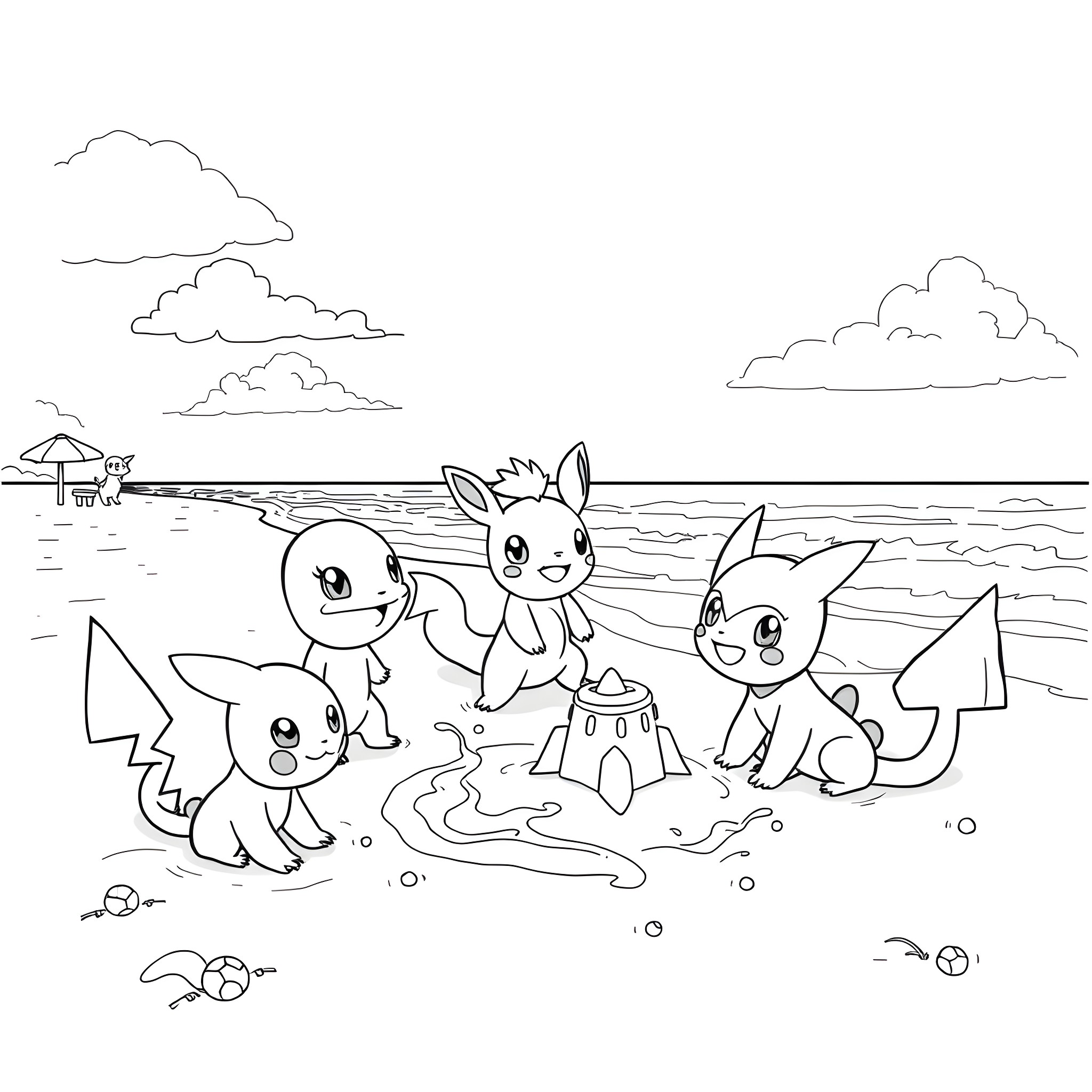 Pokémon playing and building sandcastles at the beach Coloring Page (free black-and-white line drawing printable PDF for all, from beginners to advanced learners, including children, teens, adults, and seniors)