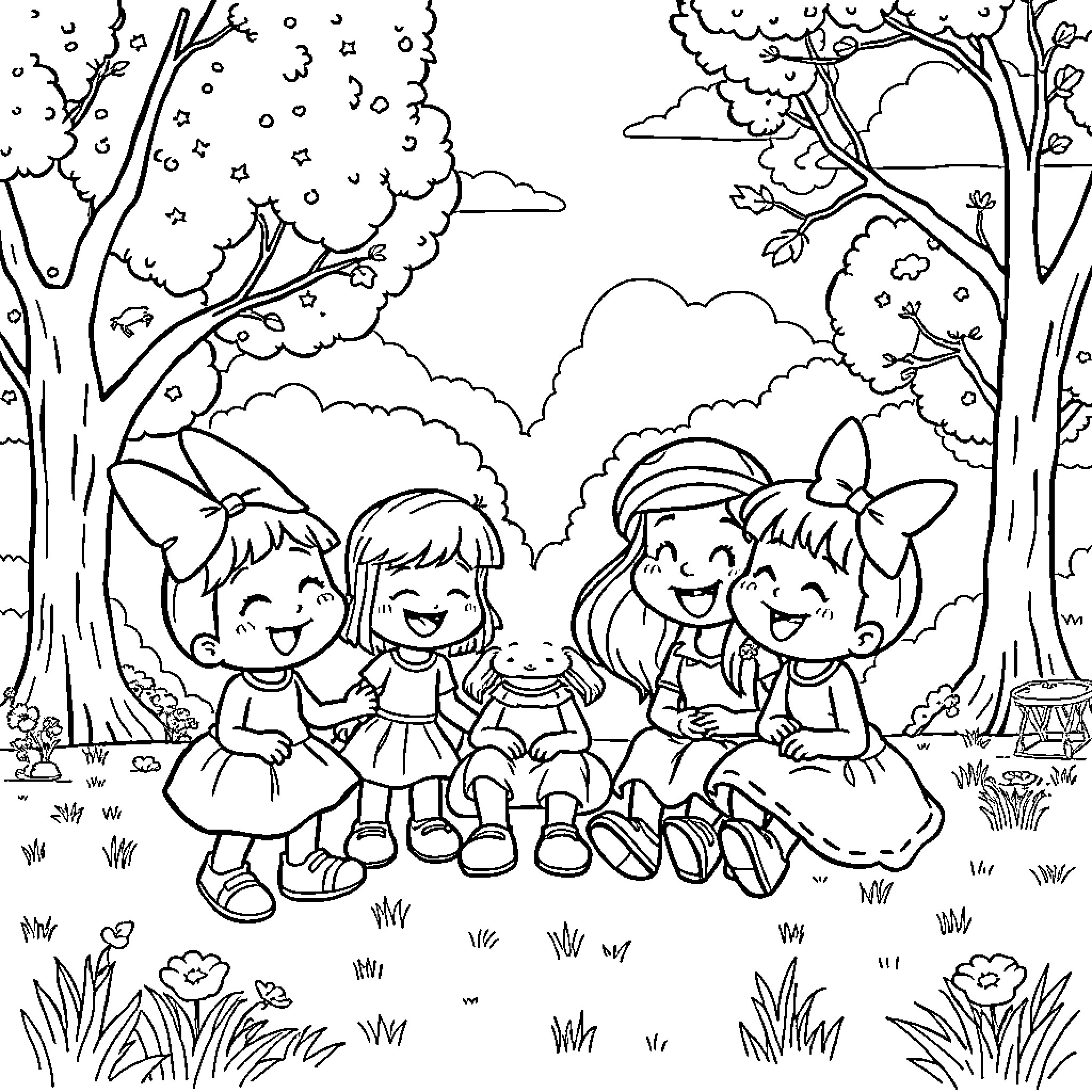 Melody of Friendship in the Enchanted Forest Coloring Page (free black-and-white line drawing printable PDF for all, from beginners to advanced learners, including children, teens, adults, and seniors)