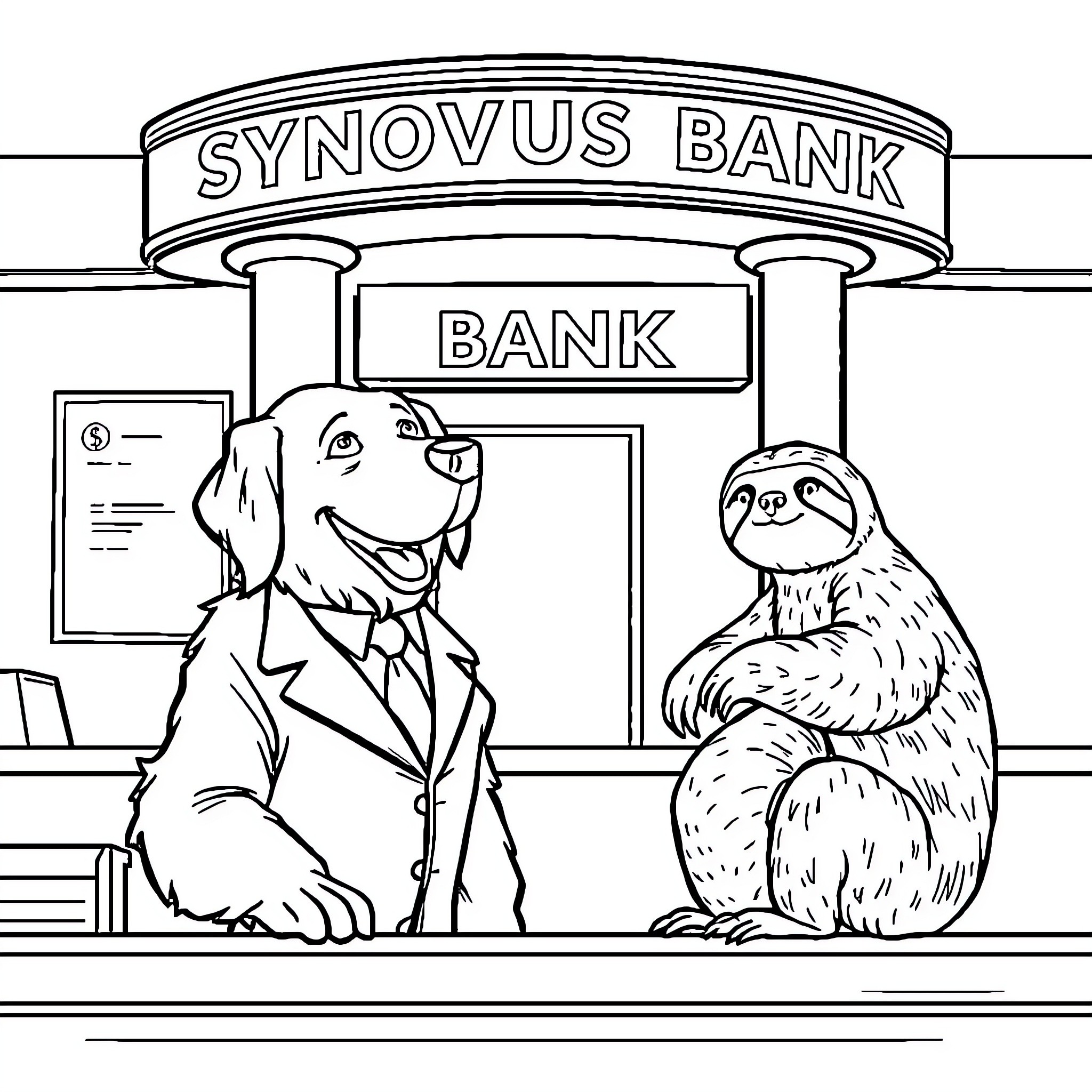 Golden Retriever and Sloth at the Bank Coloring Page (free black-and-white line drawing printable PDF for all, from beginners to advanced learners, including children, teens, adults, and seniors)